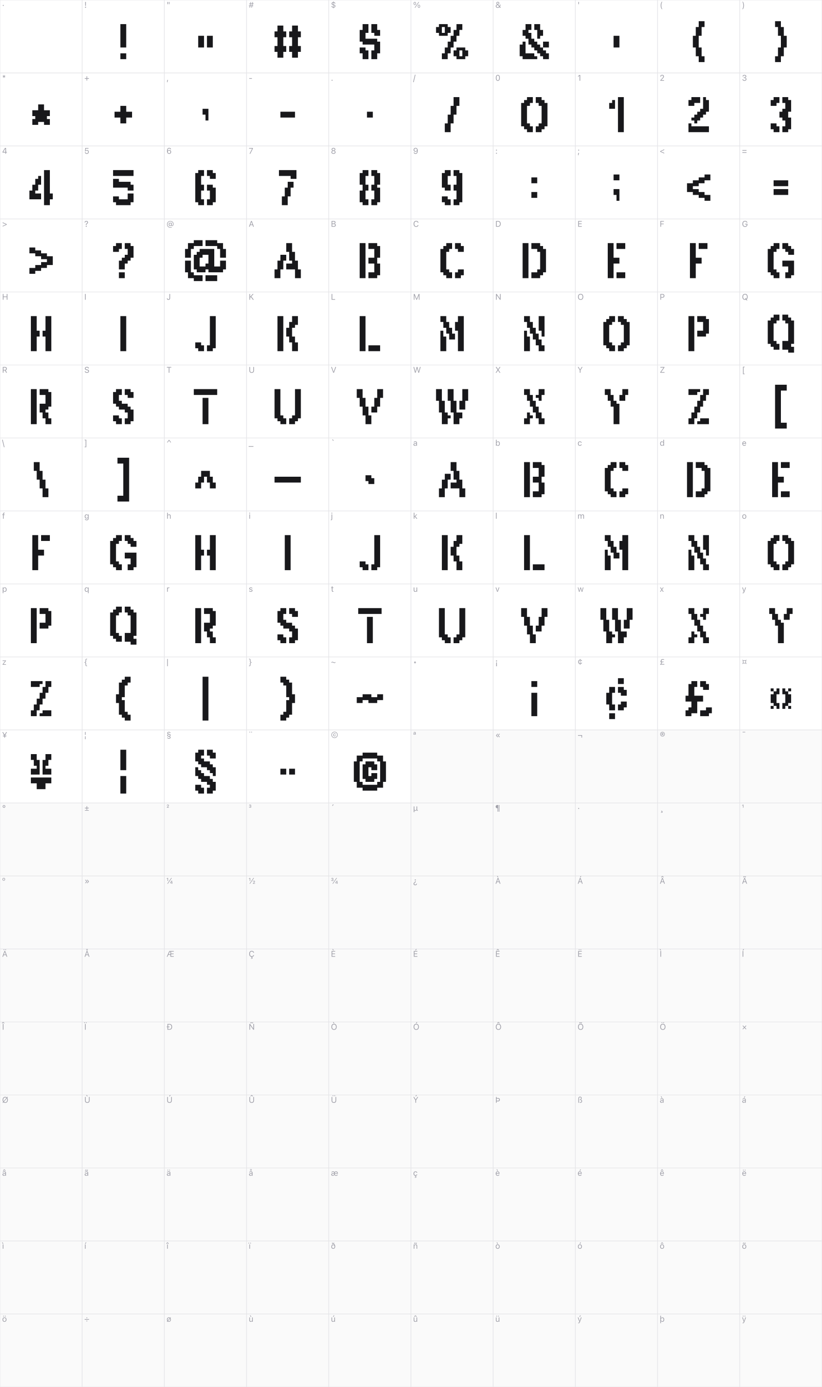 PixelArmy glyph table