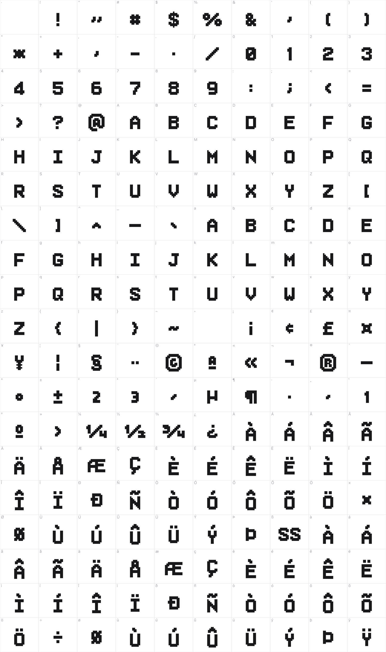 Superstar glyph table