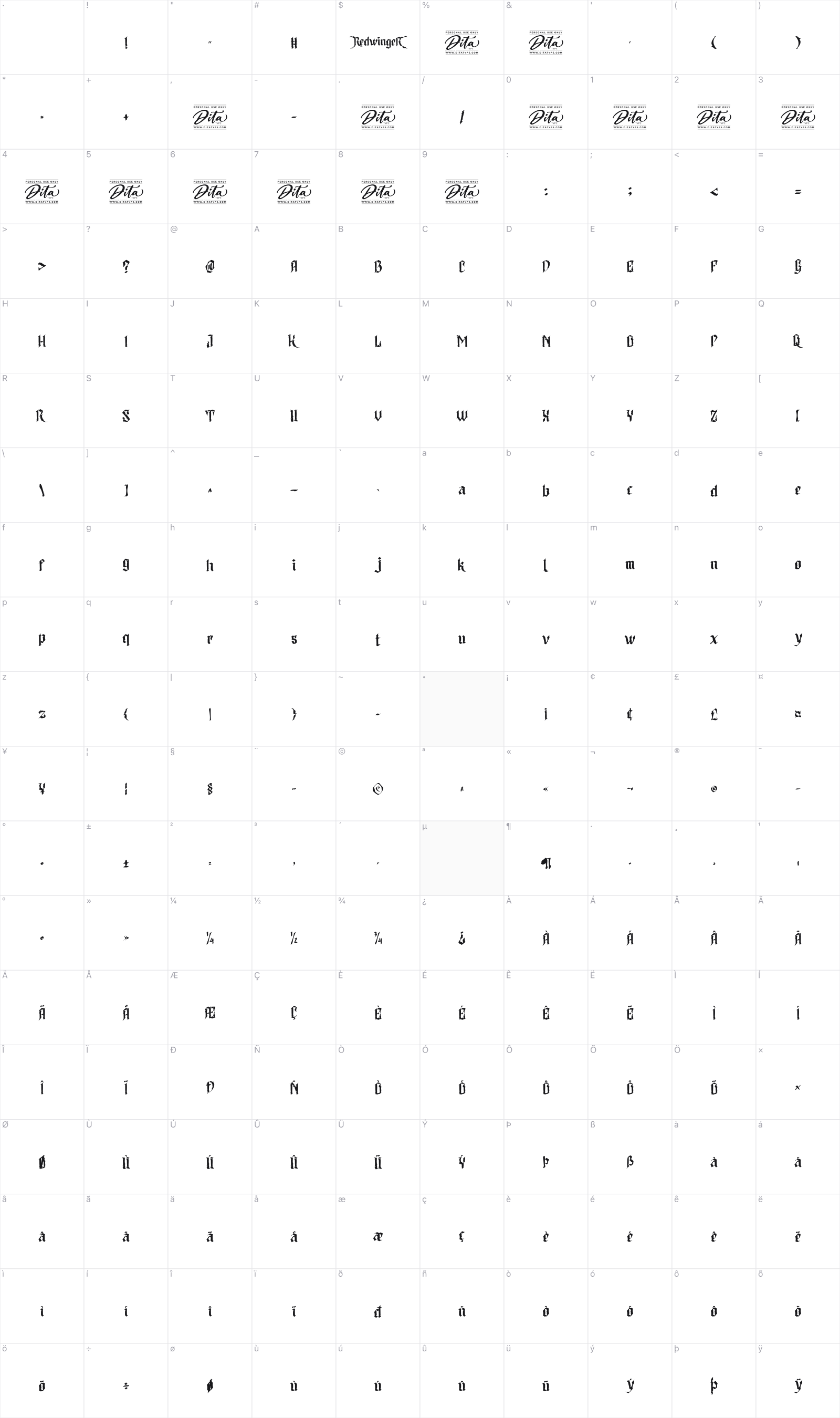 Redwinger glyph table