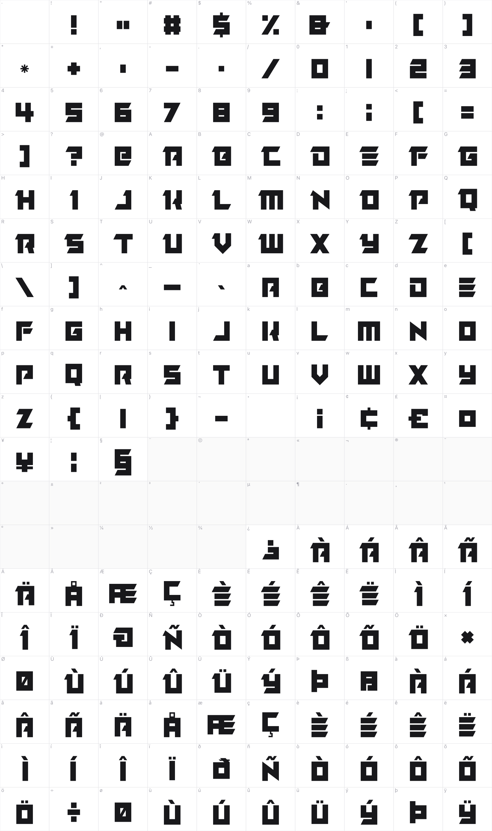 Robot Rangers glyph table