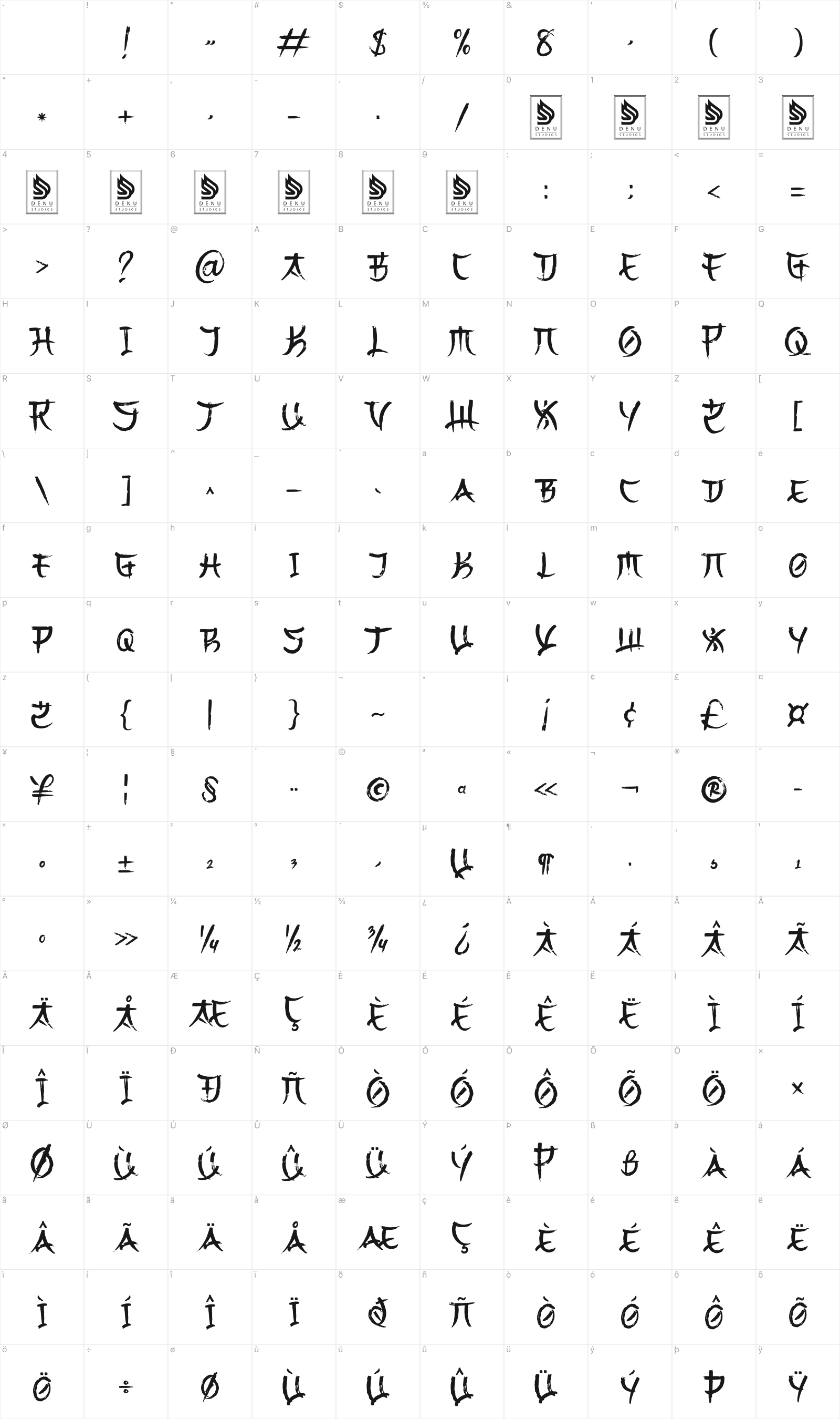 Yoru Kaze glyph table