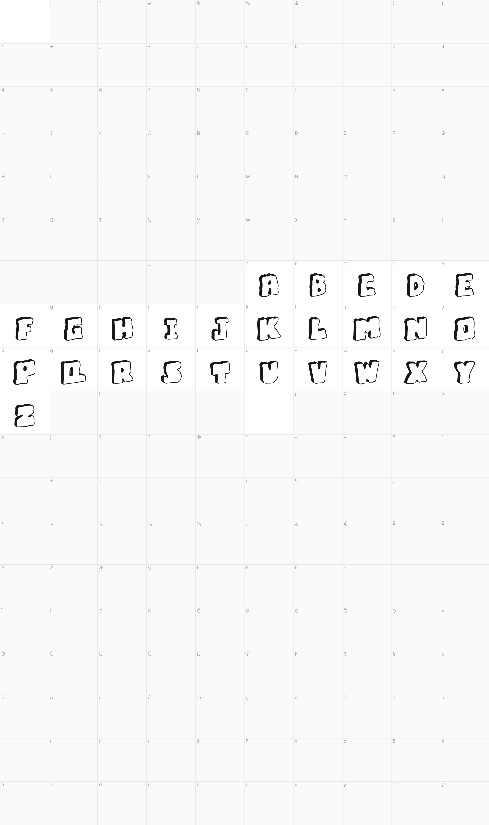 Bubble Frum glyph table