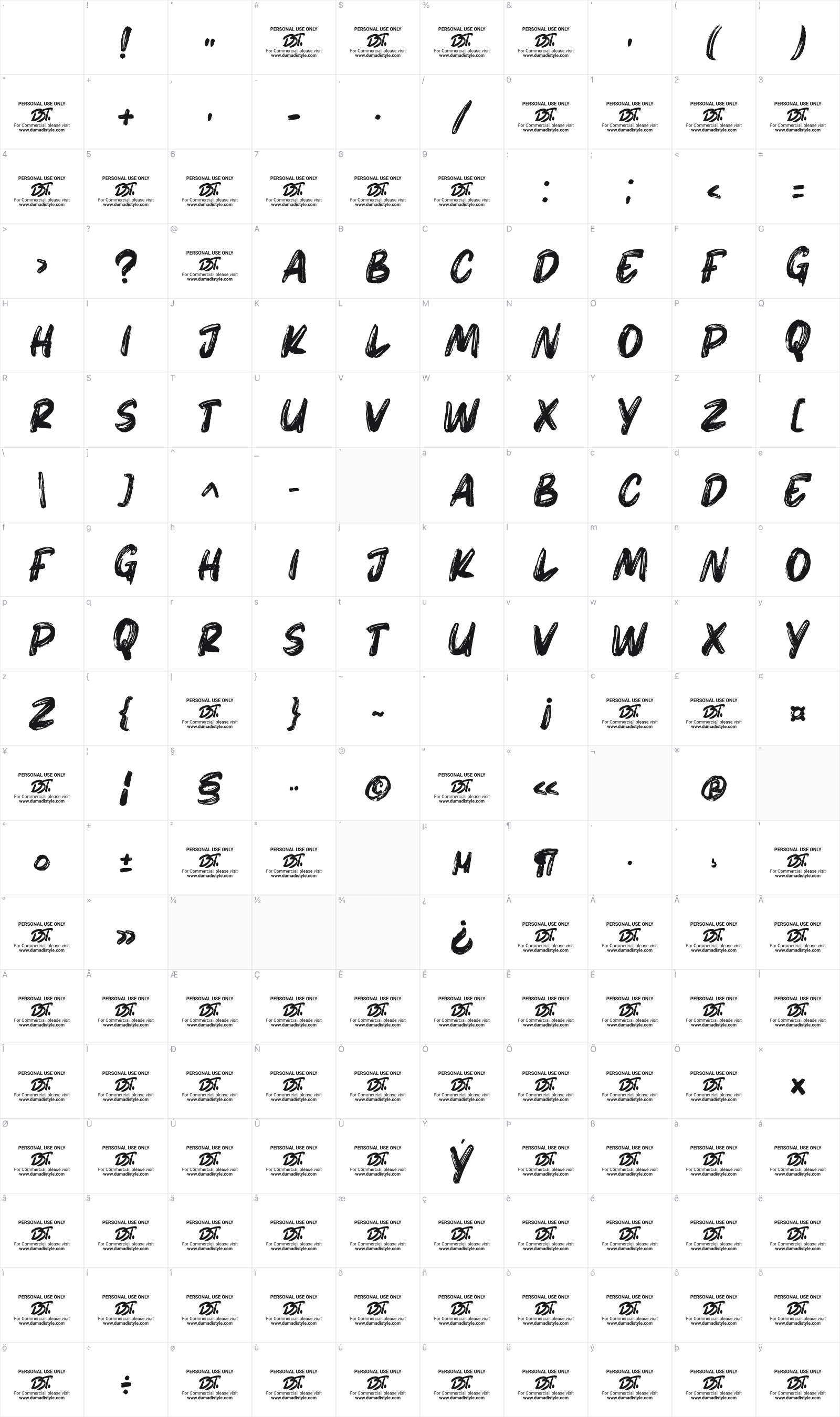 Lasters glyph table