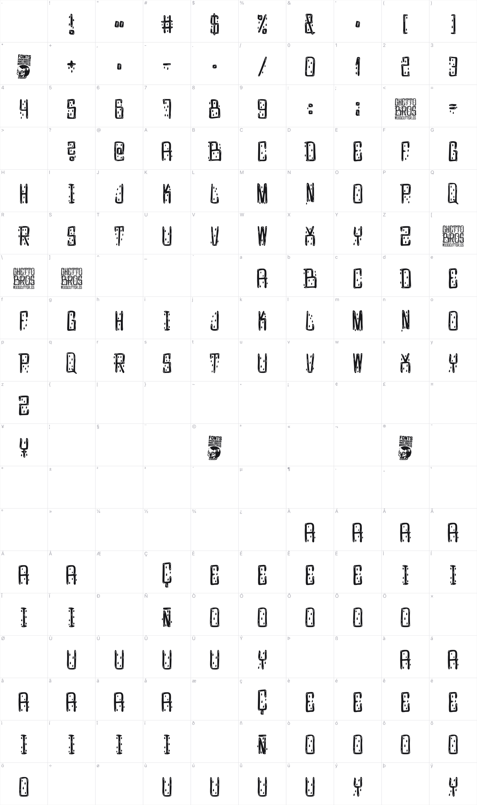 Ghetto Bros glyph table