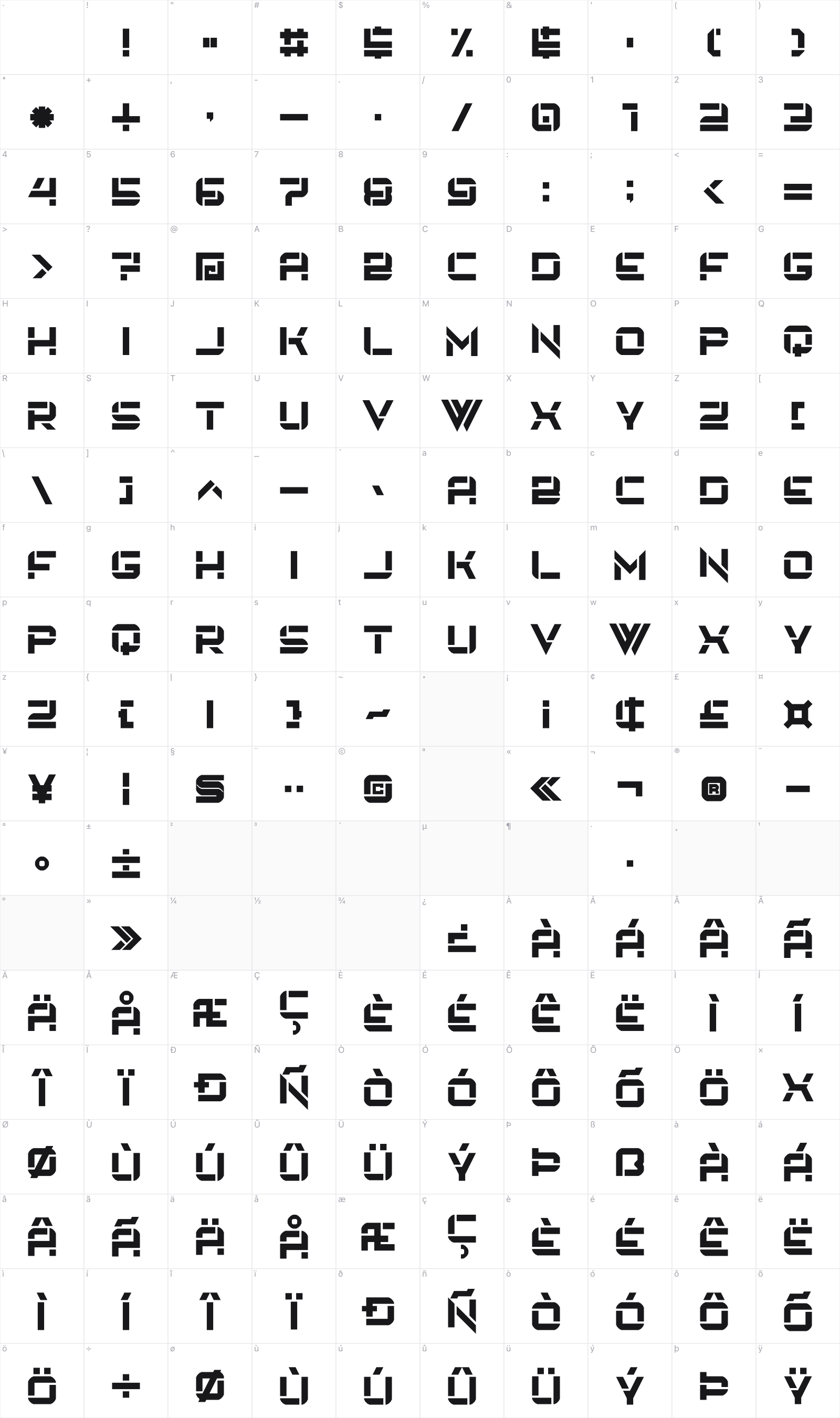 Embryonic World glyph table