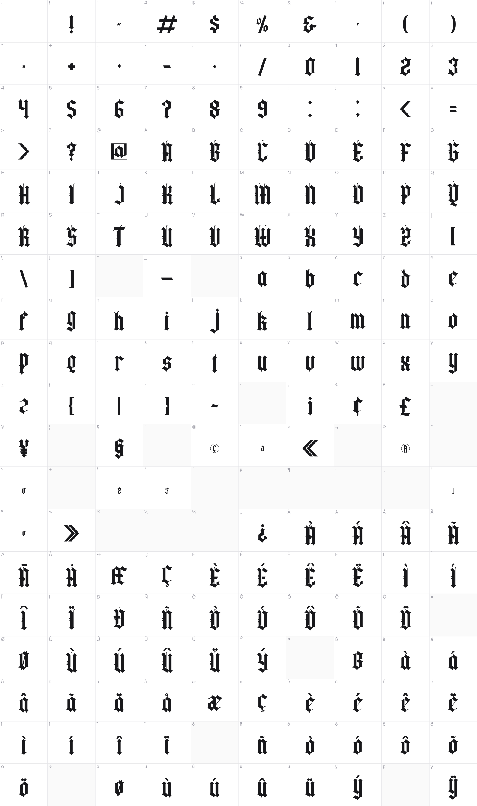 Yugitoy glyph table