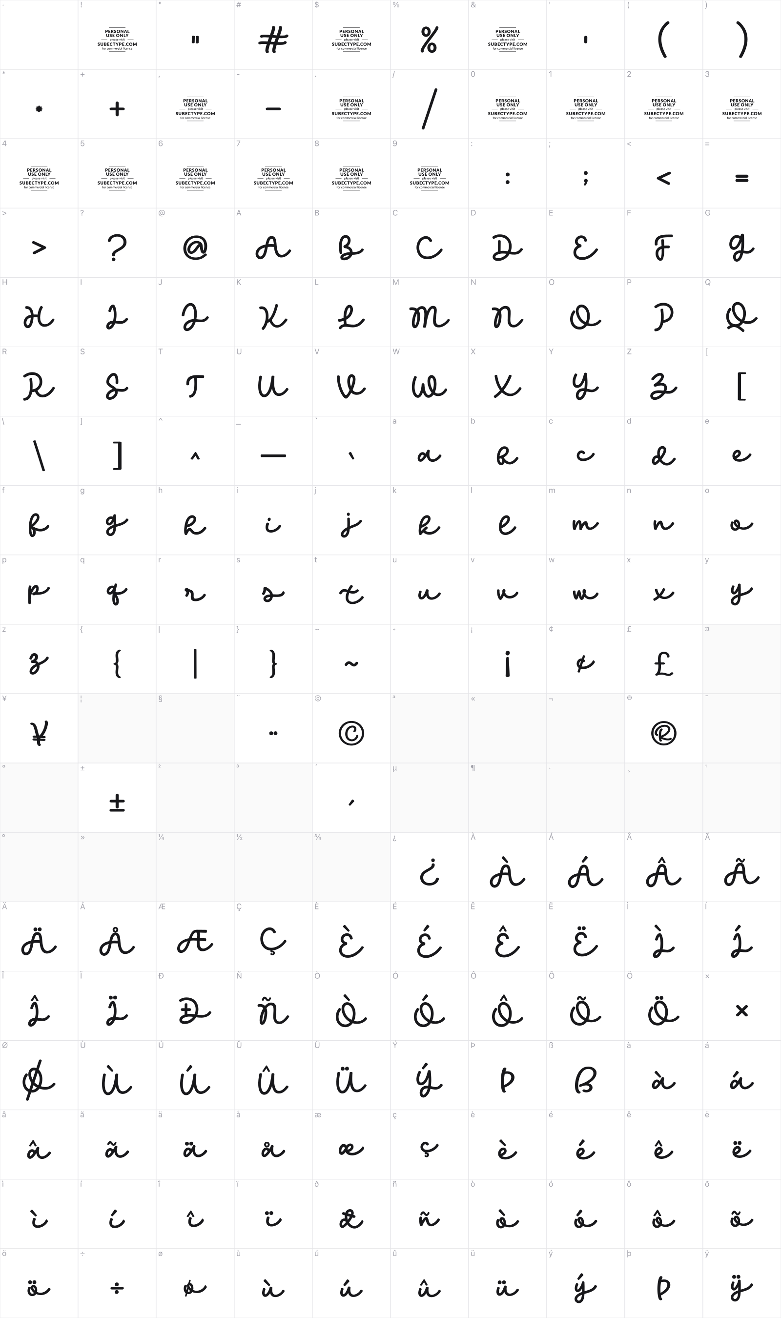Kind Heart glyph table