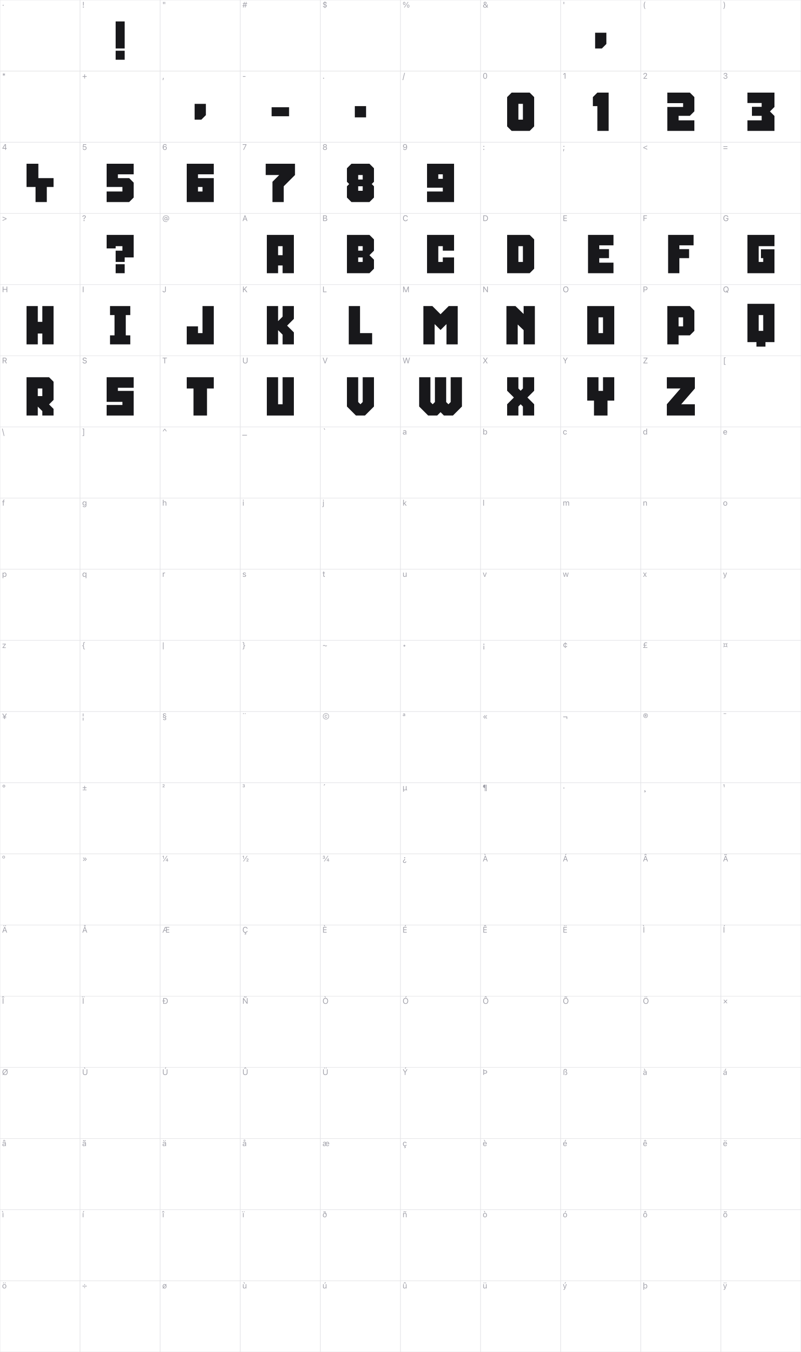 Squarely glyph table