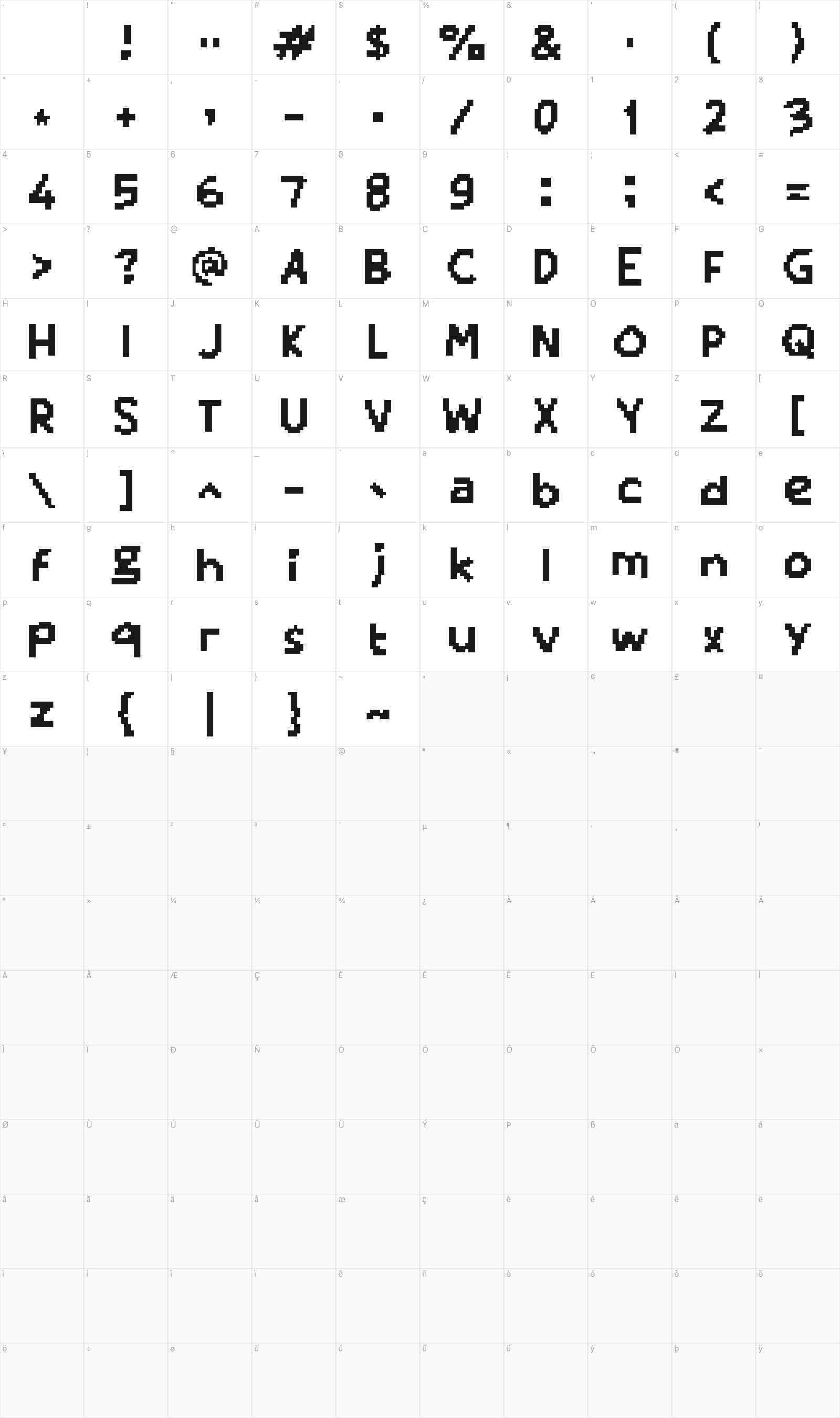 Qaaxee glyph table