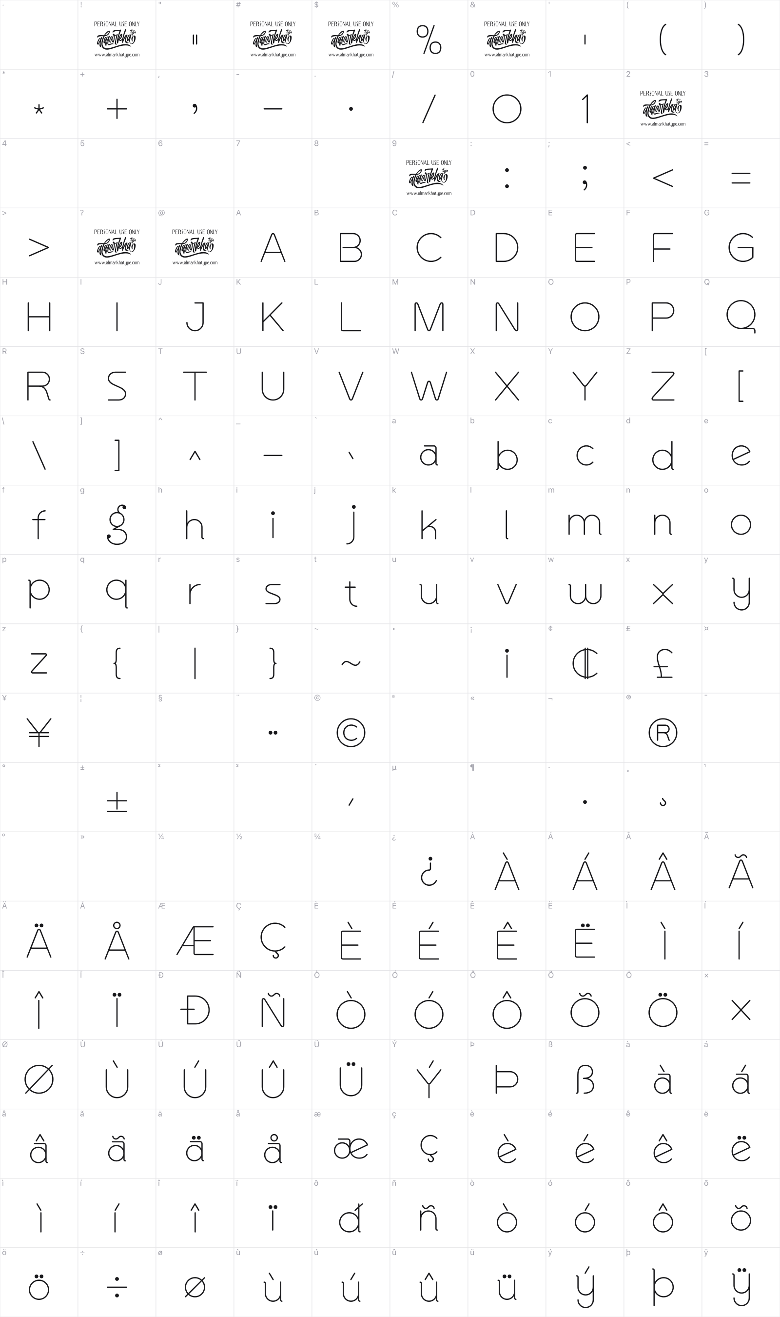 Quinger glyph table