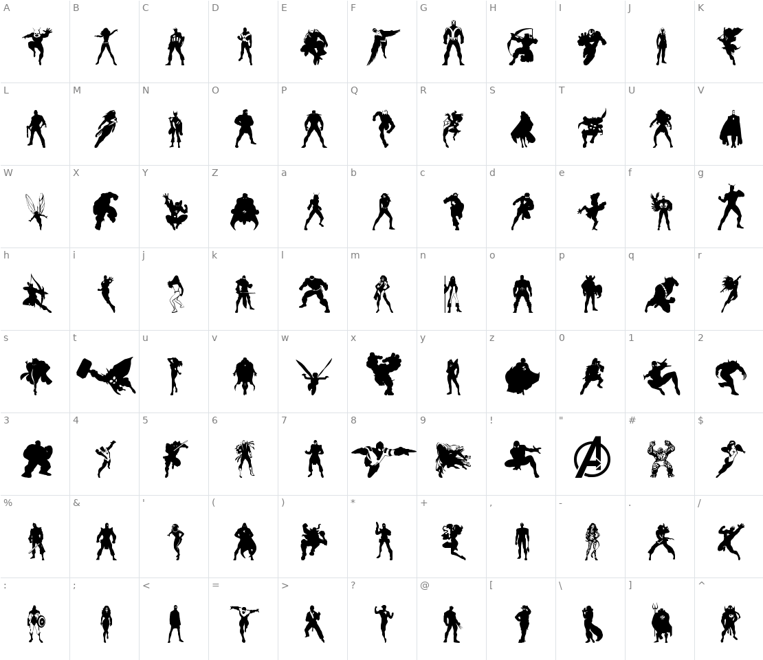 Character set for Heroes Assemble Dingbats