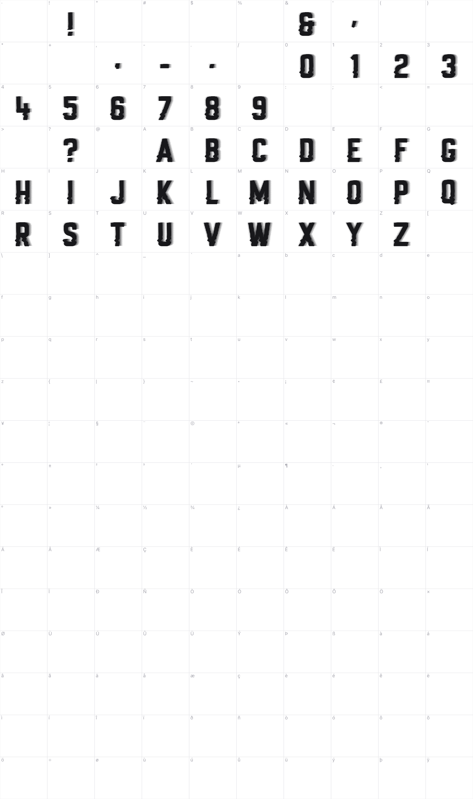 Big Bad Bugs glyph table