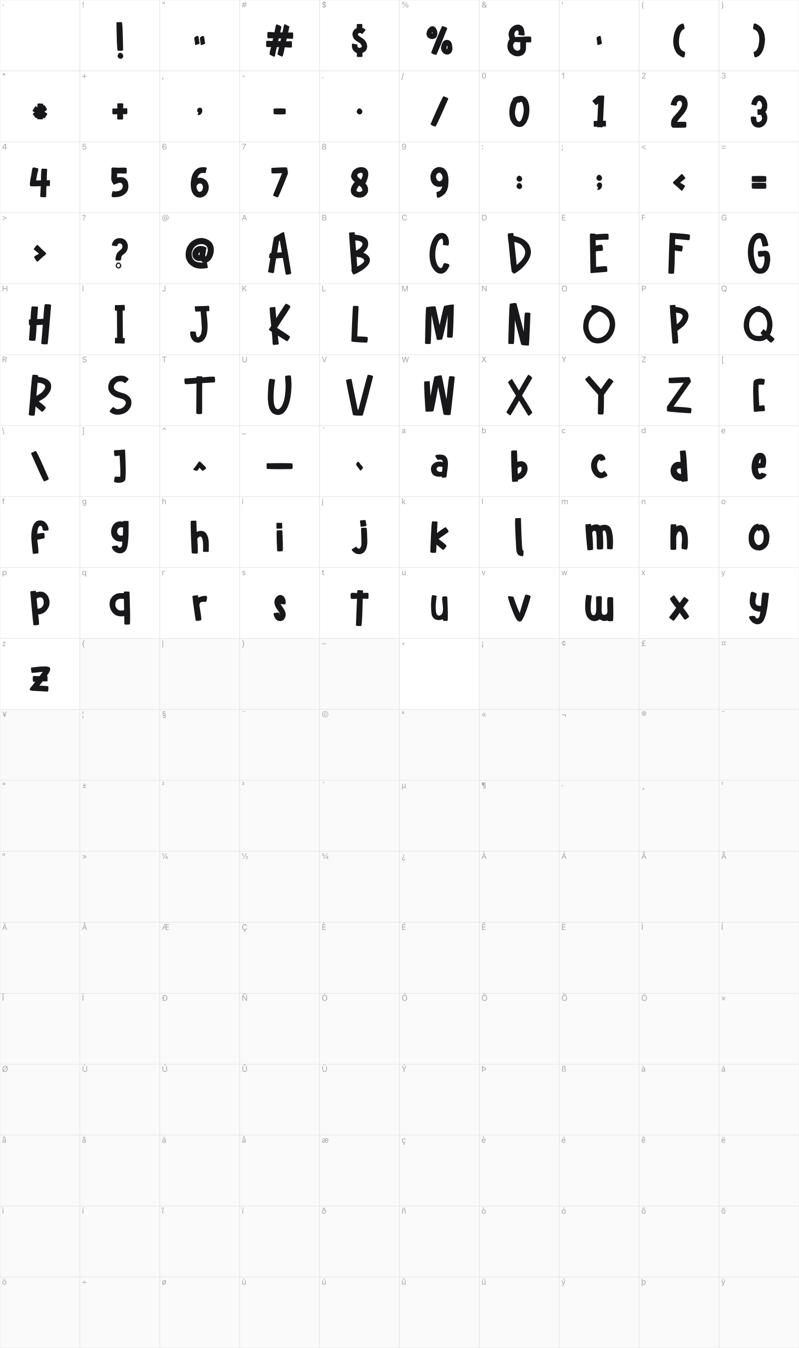 Hello FreeDay glyph table