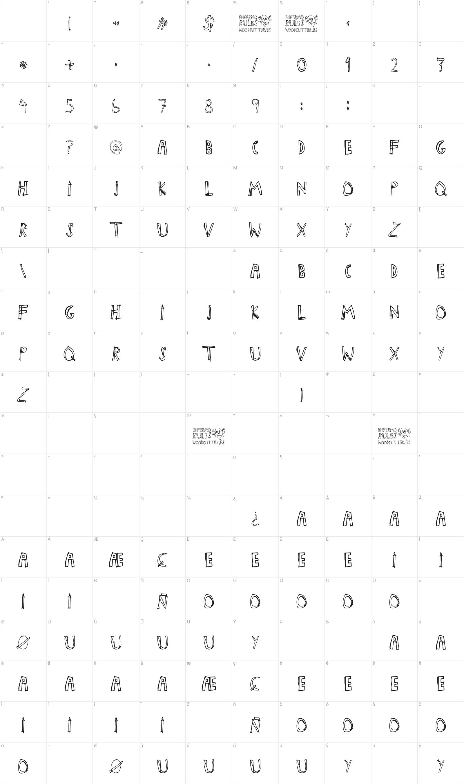 Enfermo Rules glyph table