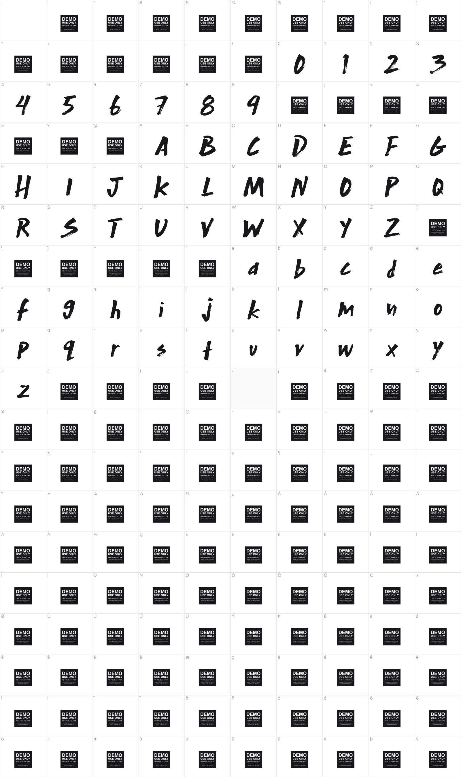 Extra Mile glyph table