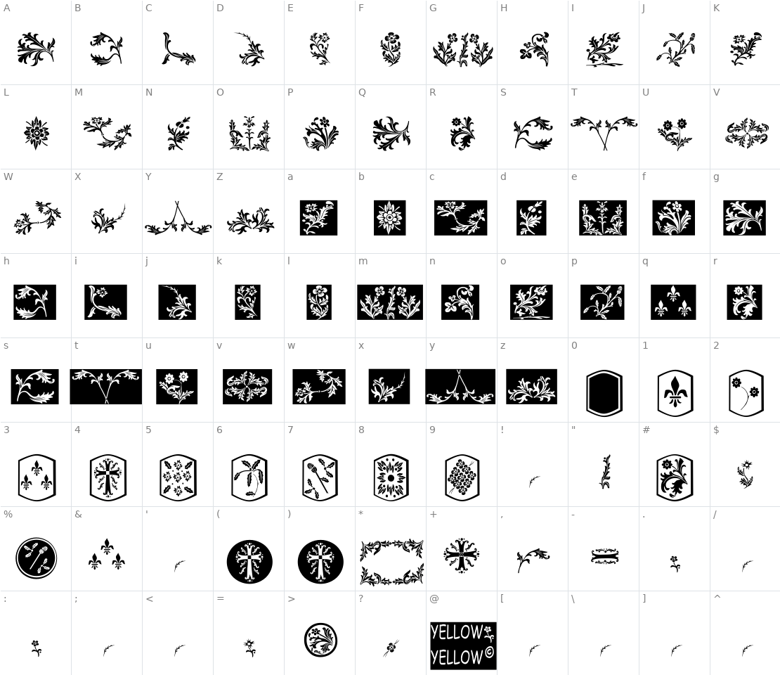 Character set for YY Old English Dingbats