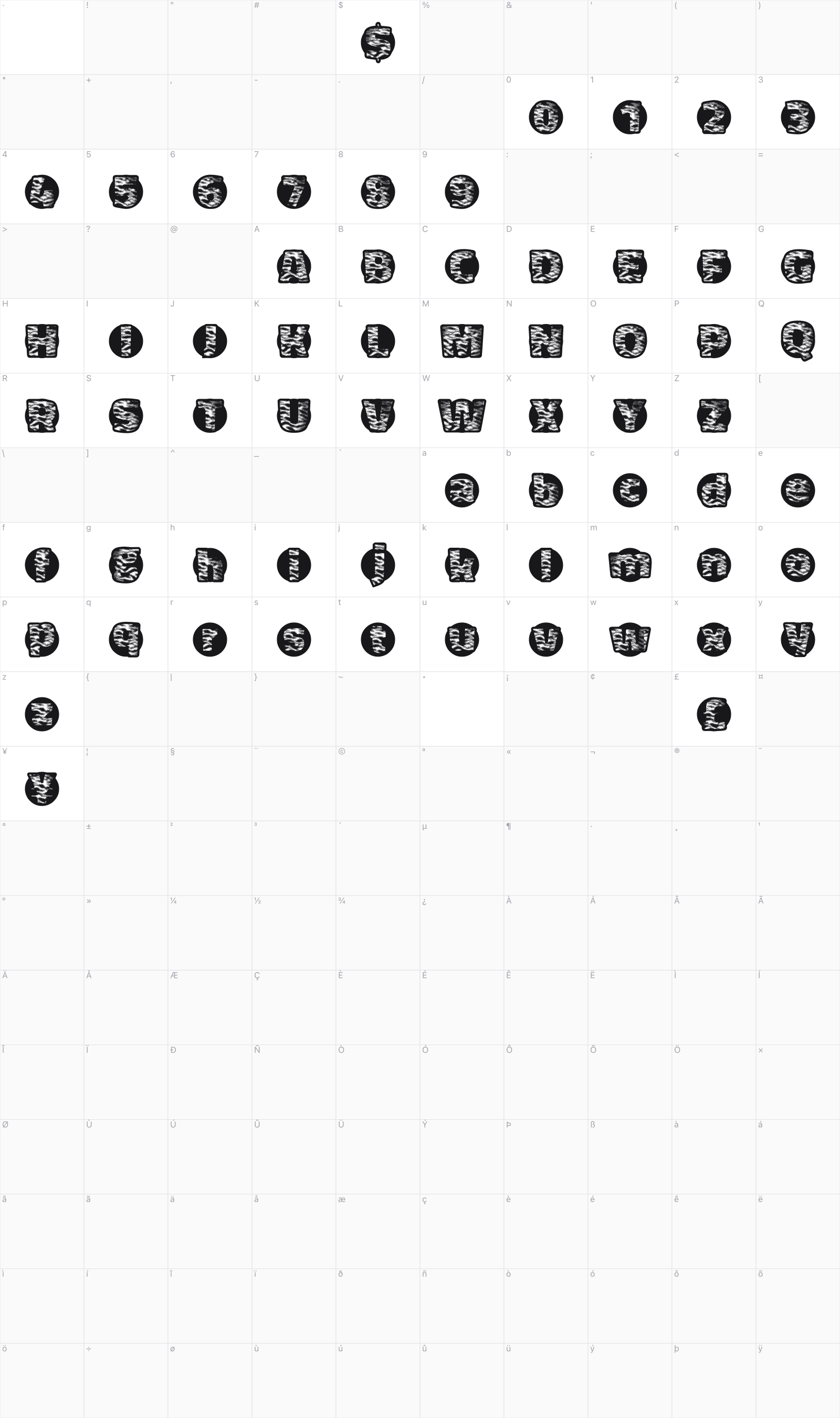 Tiger Bawl glyph table