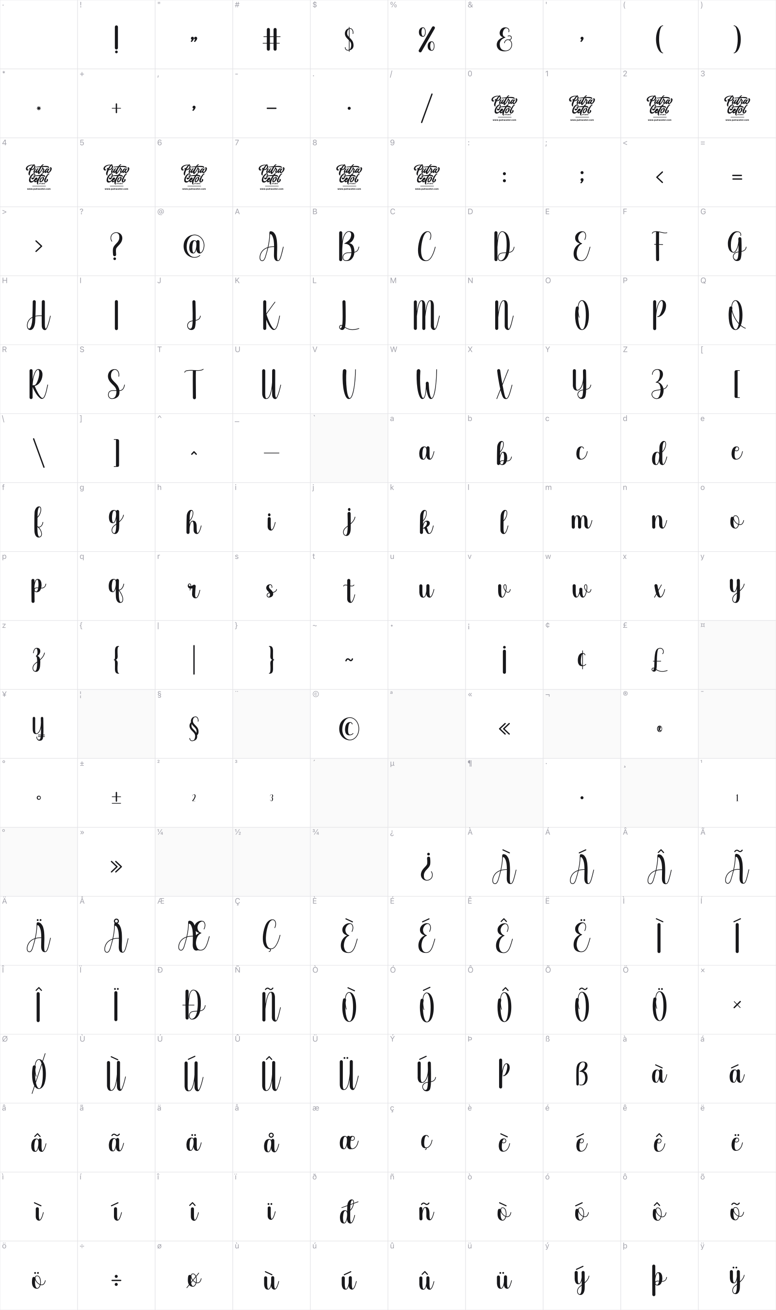 Hello Audrey glyph table