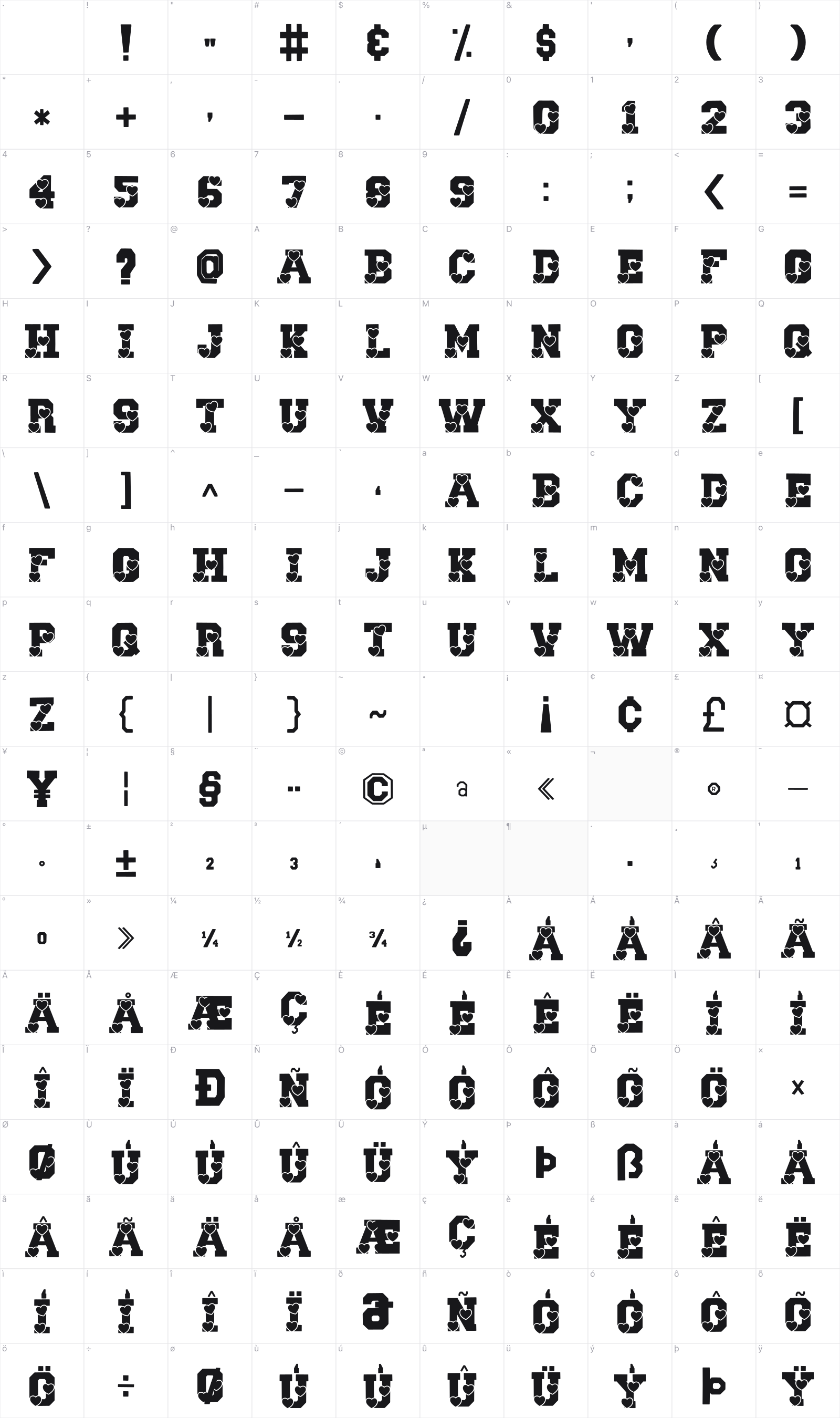Scholar Valentine glyph table