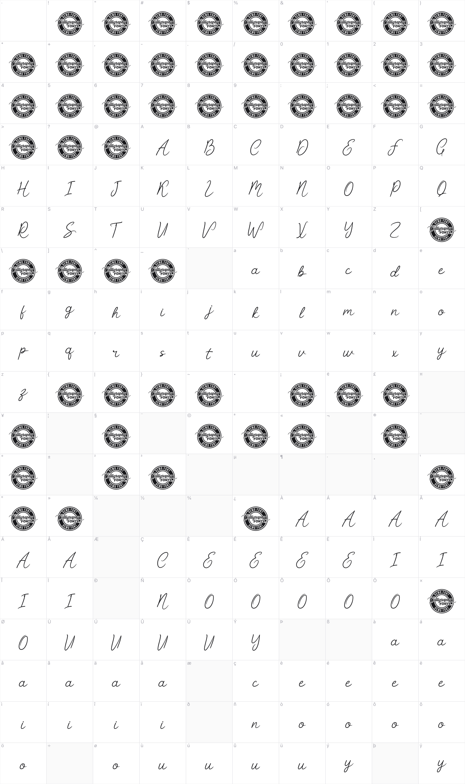 Dorrington glyph table