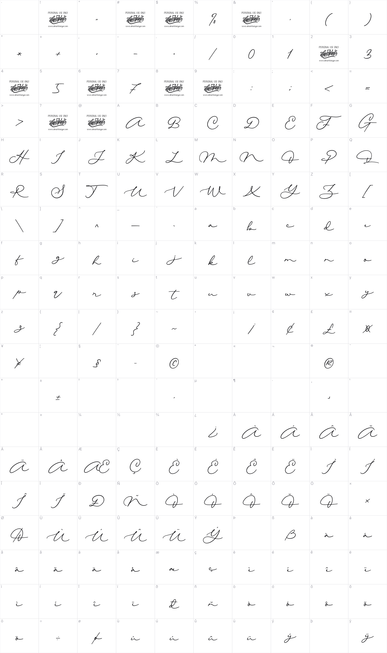 Quick Letter glyph table