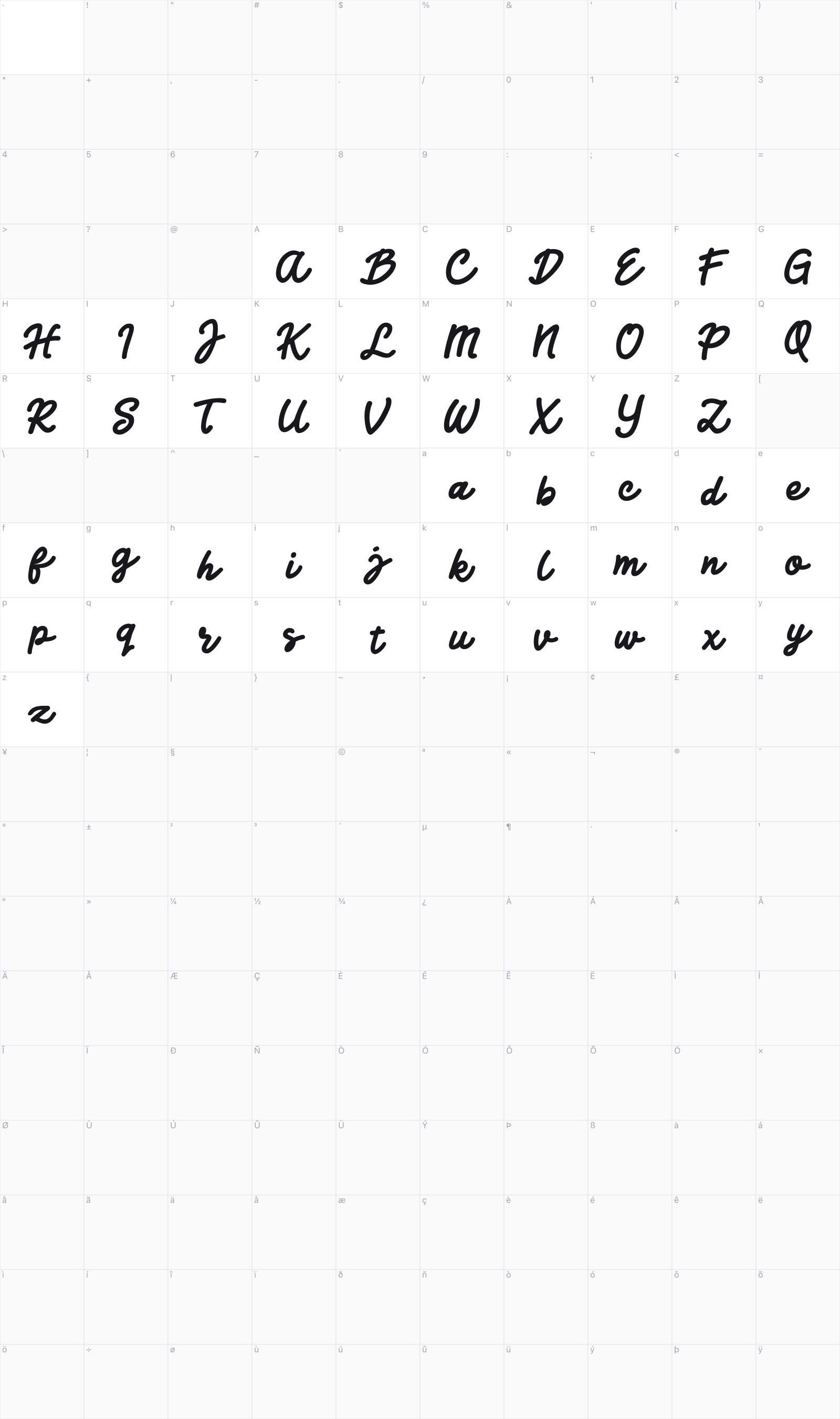 Jocky Starline glyph table