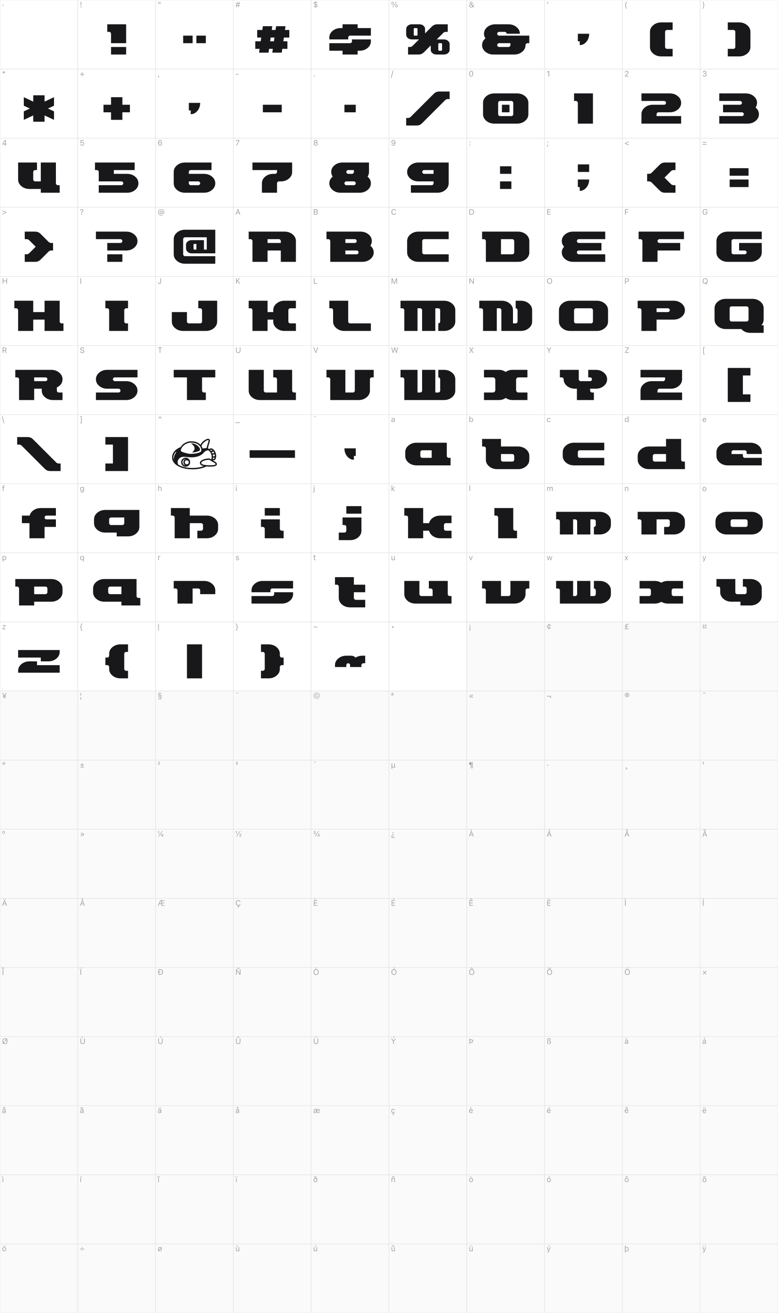 ET Rocketype glyph table