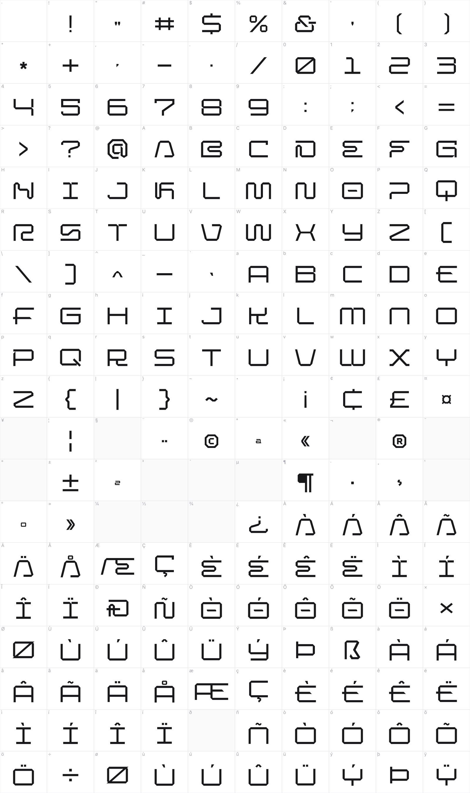Venora glyph table