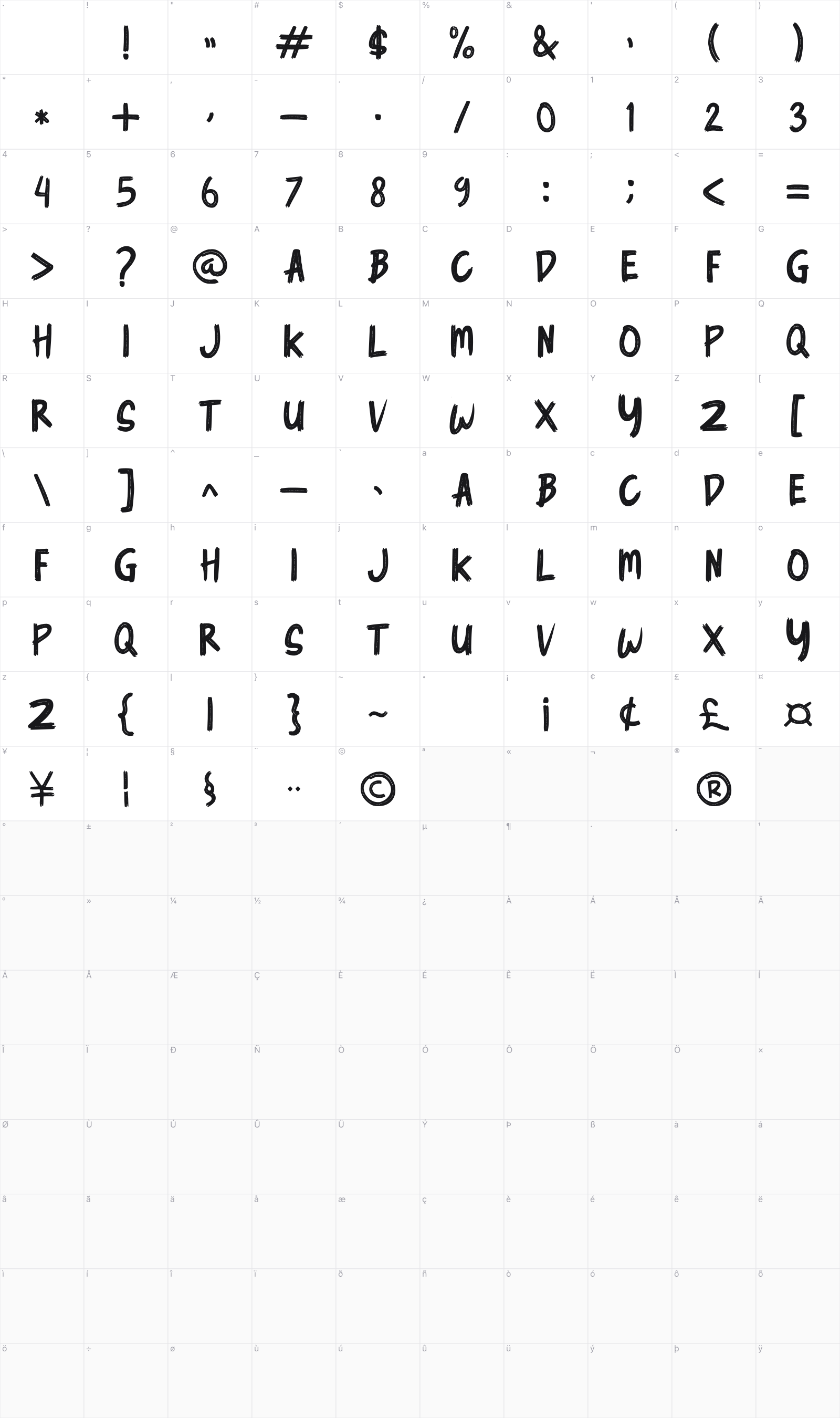 Cyber Brush glyph table