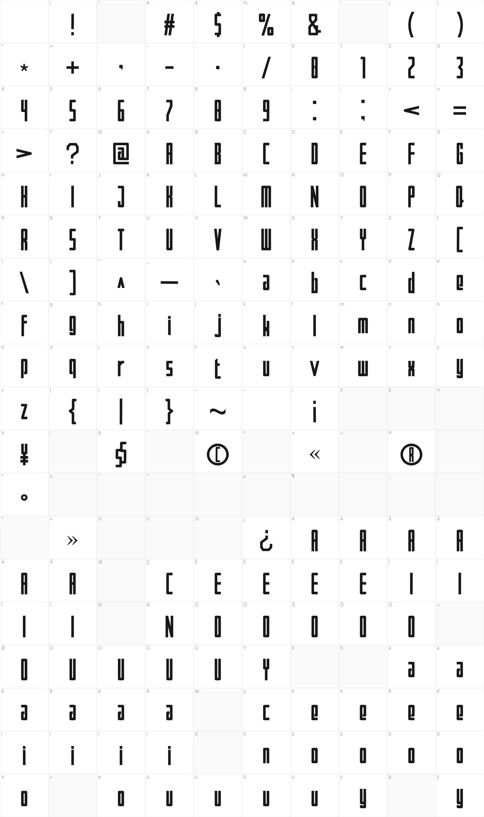 Apeinz glyph table
