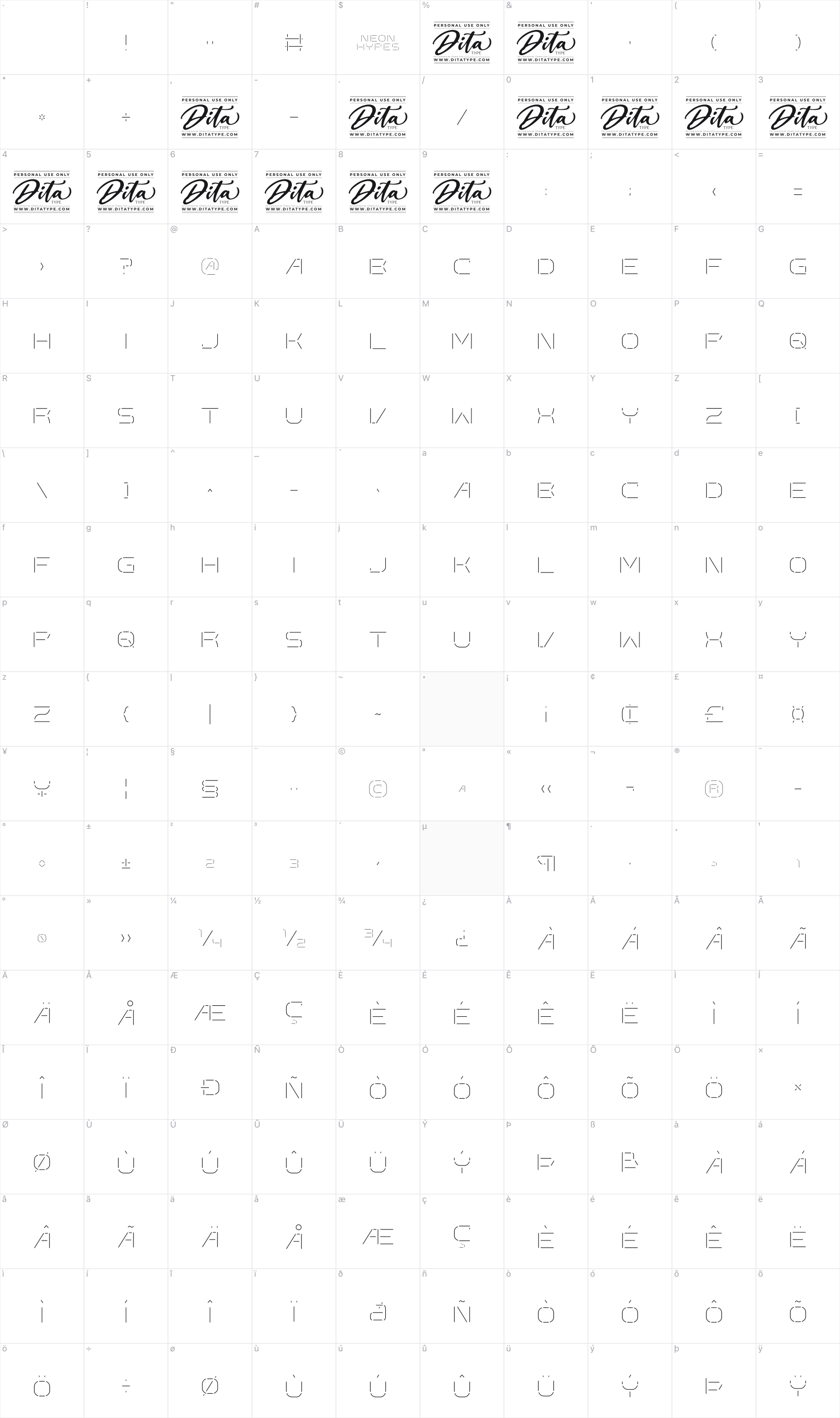Neon Hypes glyph table