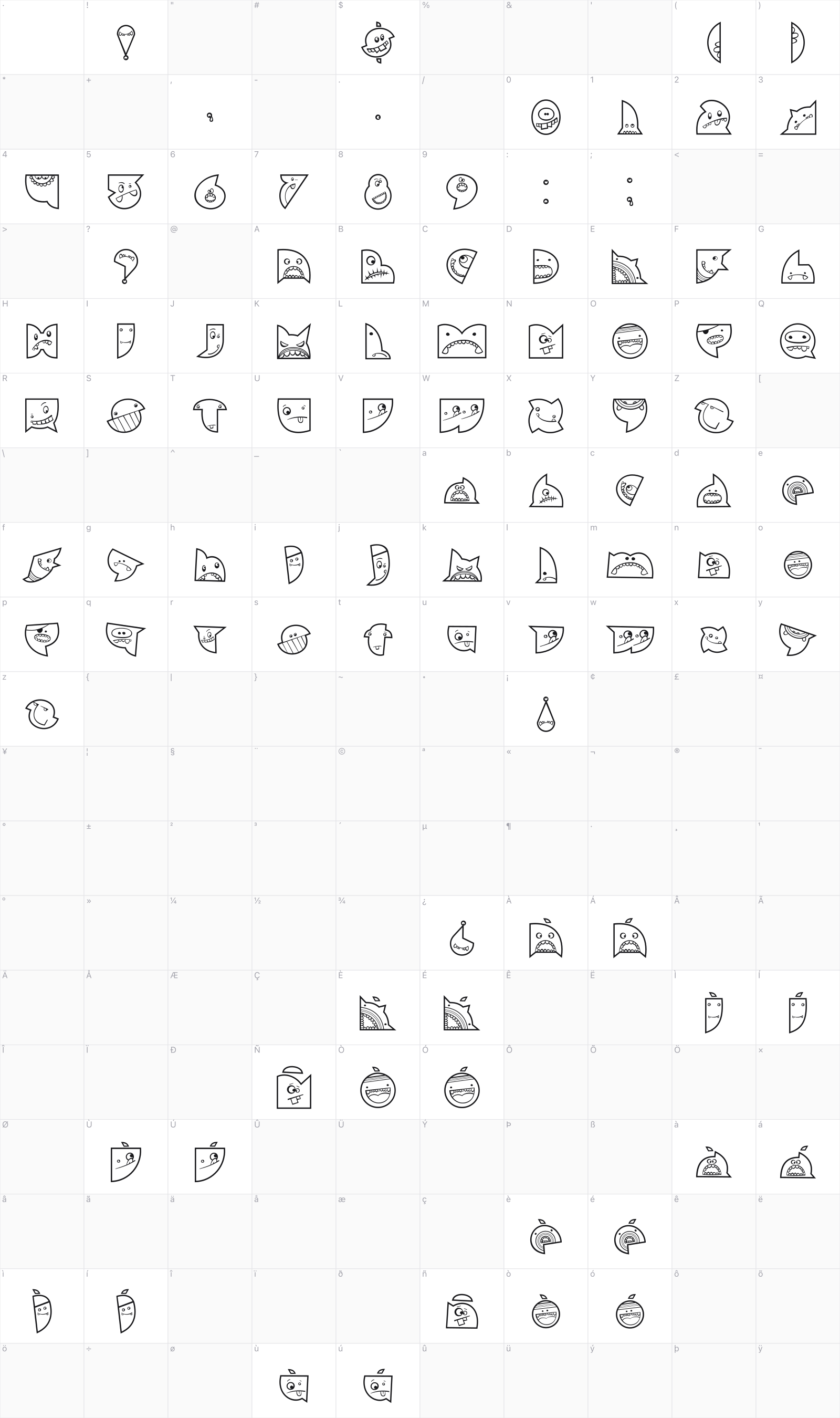 Callejera glyph table