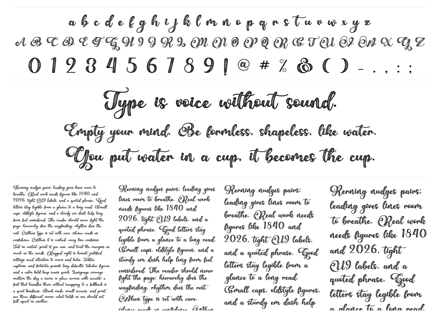Bellove specimen sheet