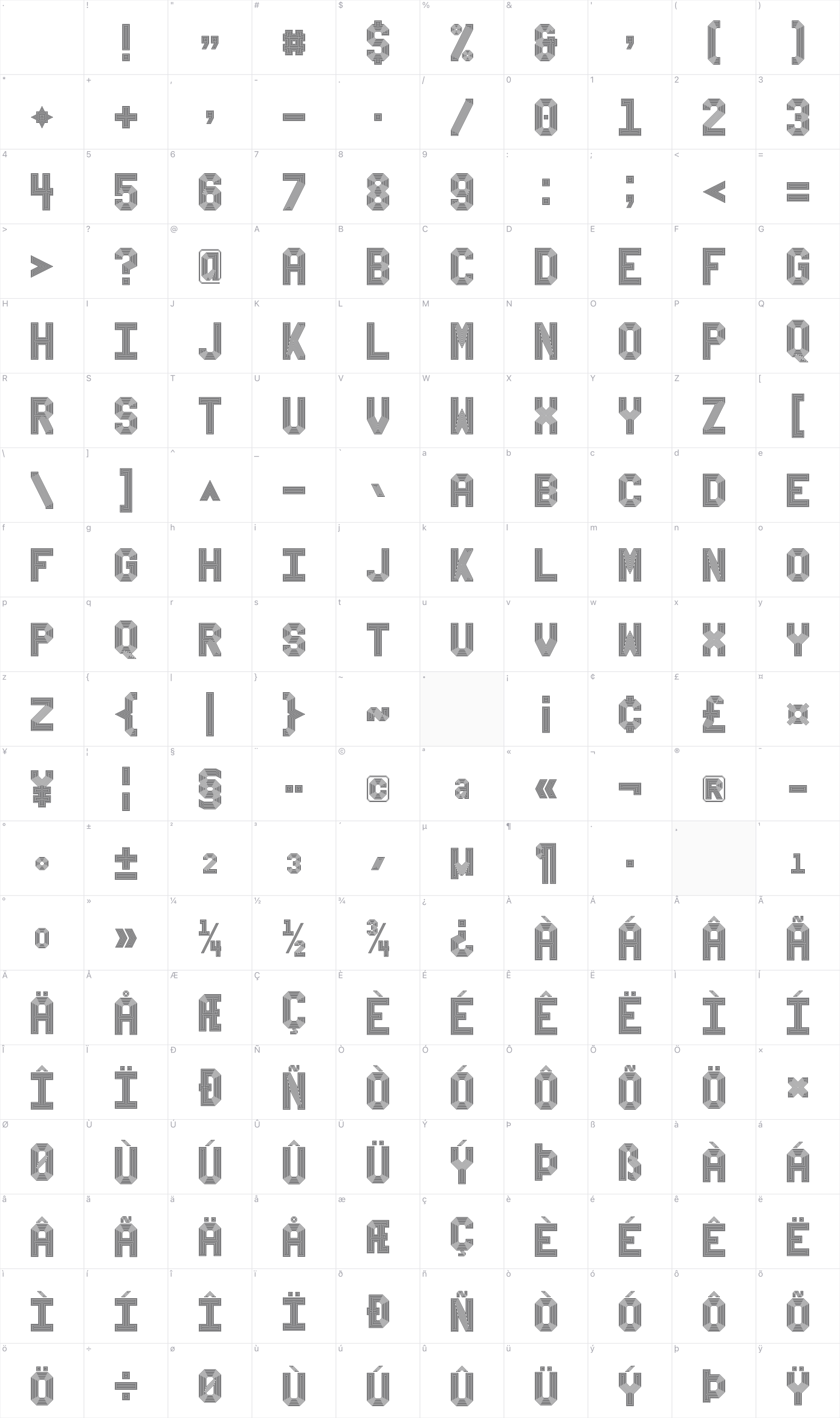 Bevel'sAdvocateMono glyph table