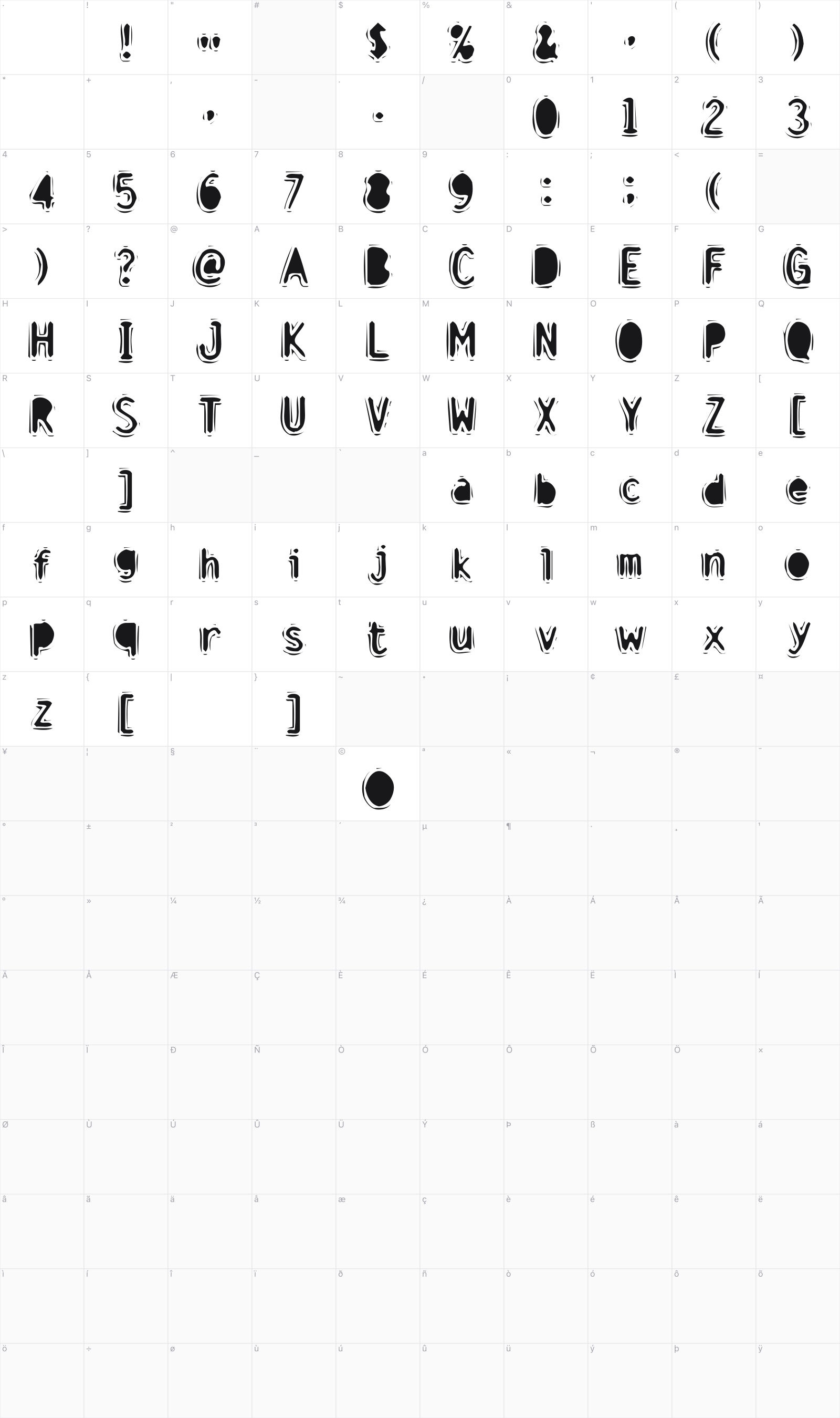 Discount Inferno glyph table