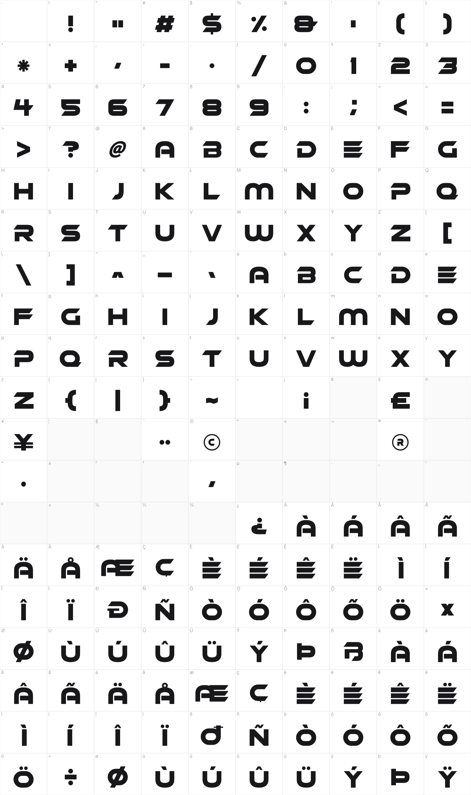 Robot Rocket glyph table