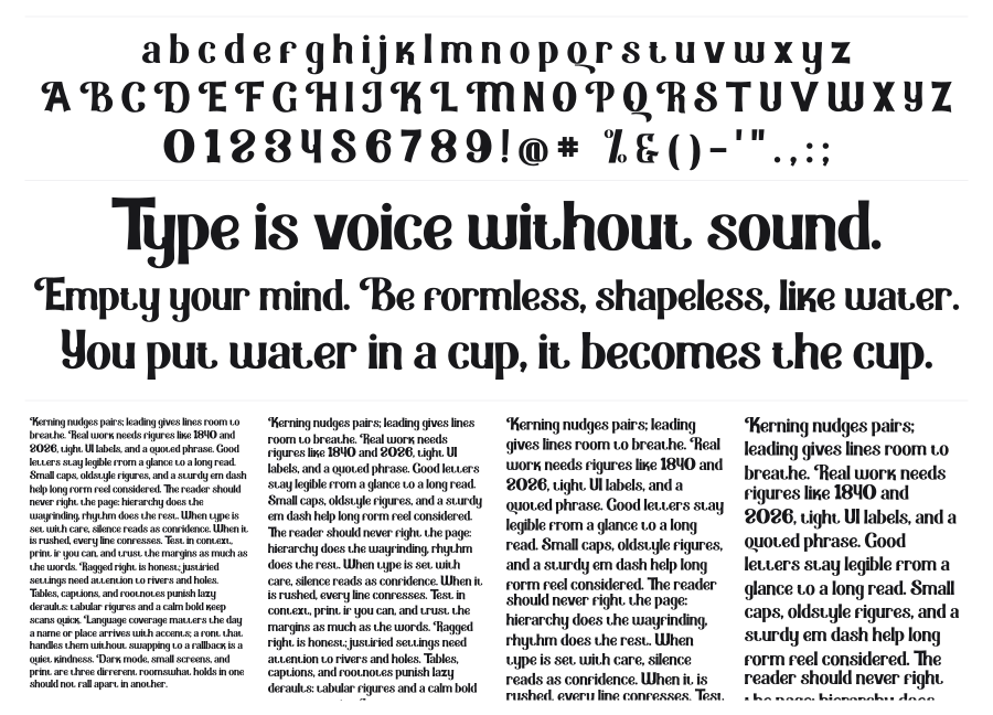 Quirky Bay specimen sheet