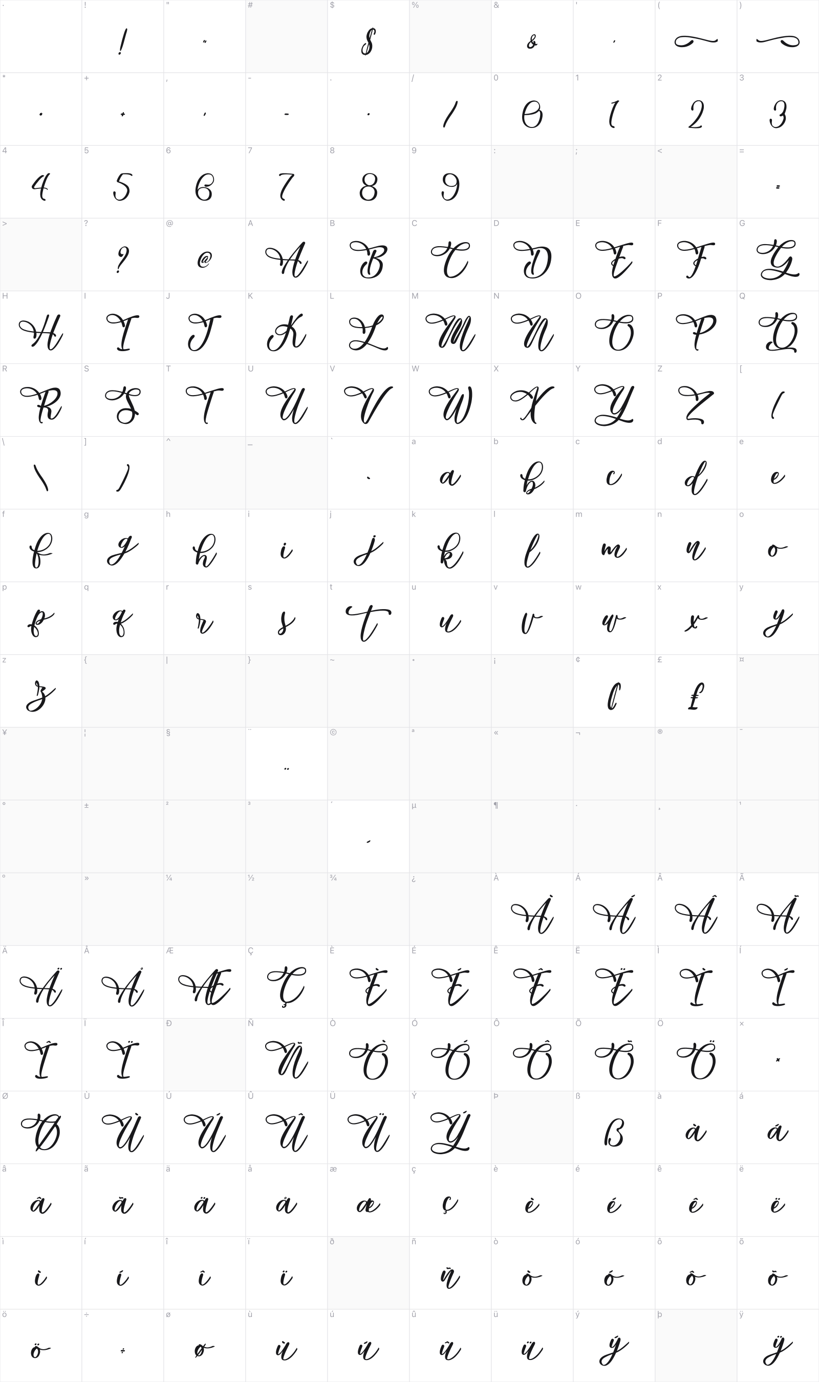 Zebra Advert glyph table
