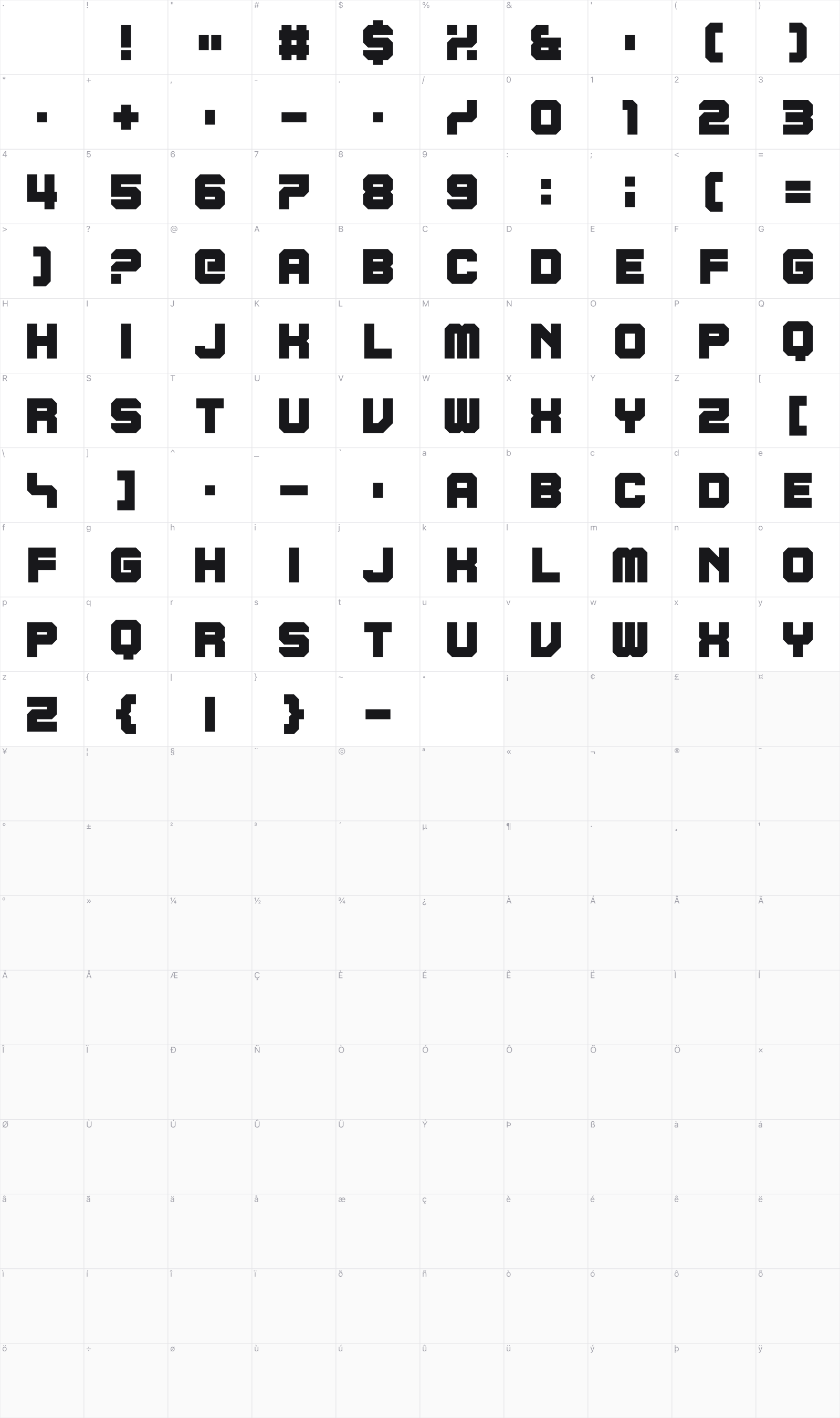 Younger Love glyph table