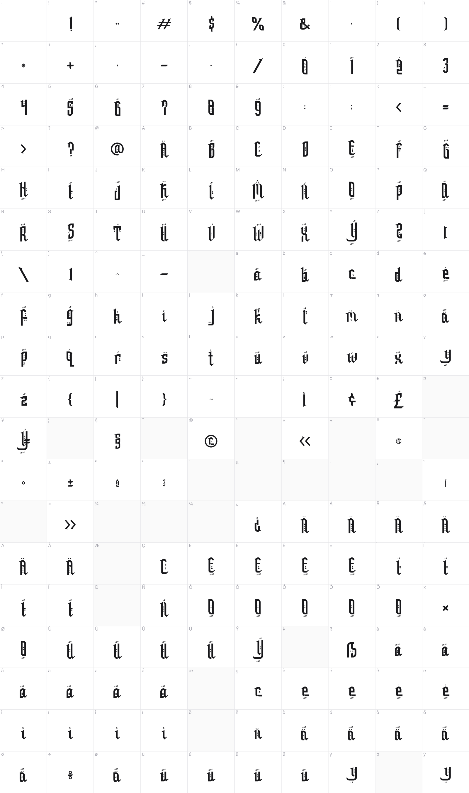 Hikaya Mirage glyph table