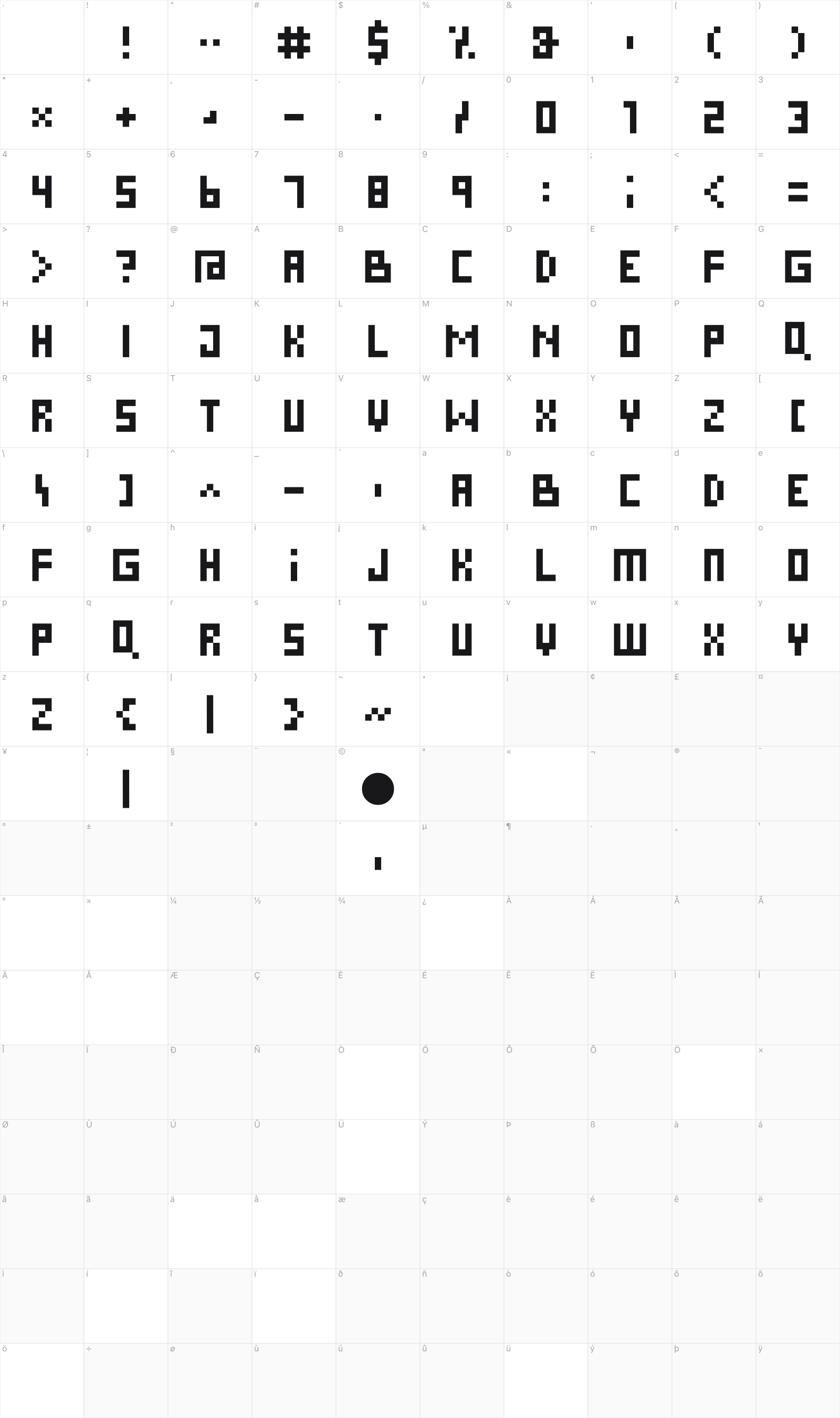 Pixies glyph table