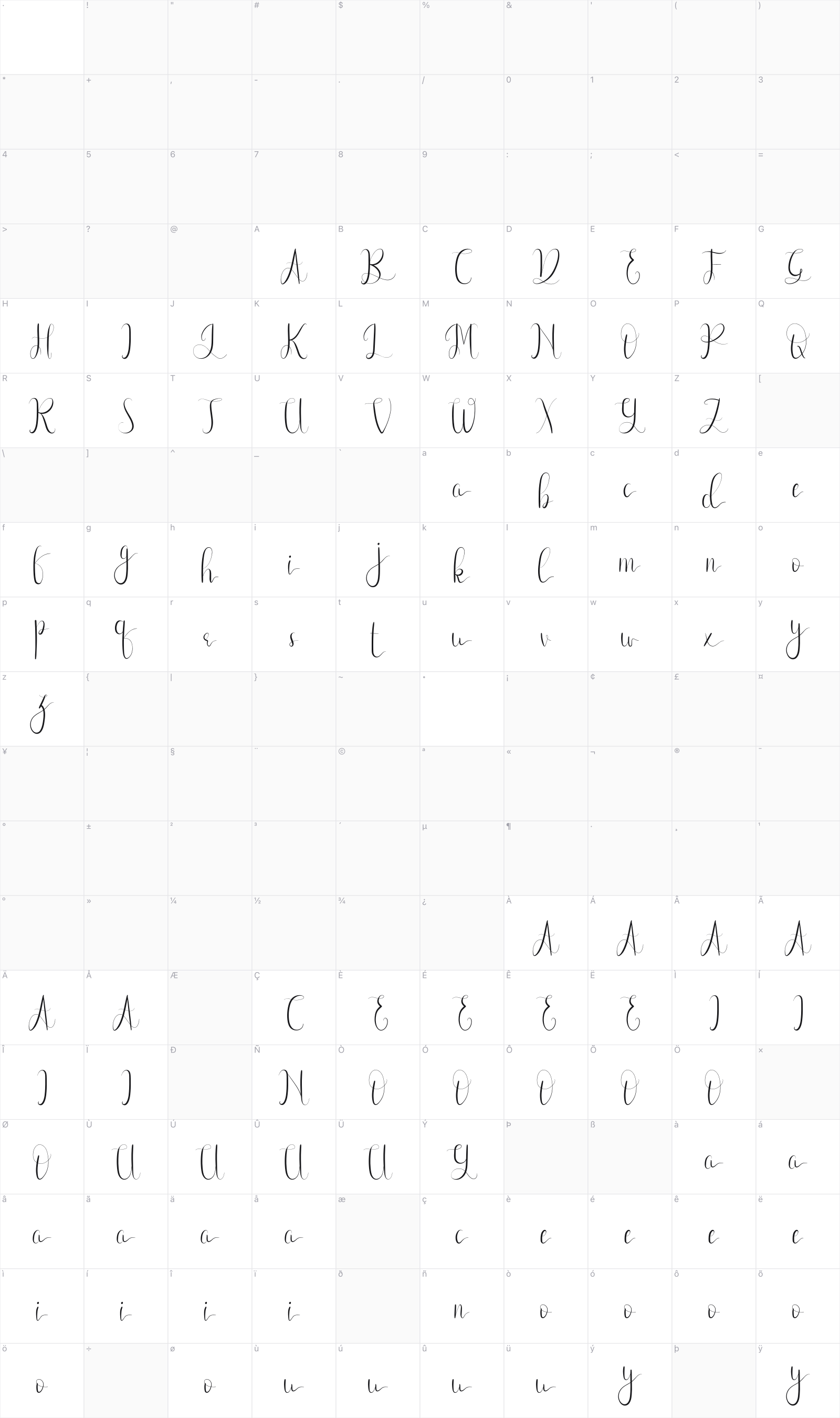 First Heart glyph table