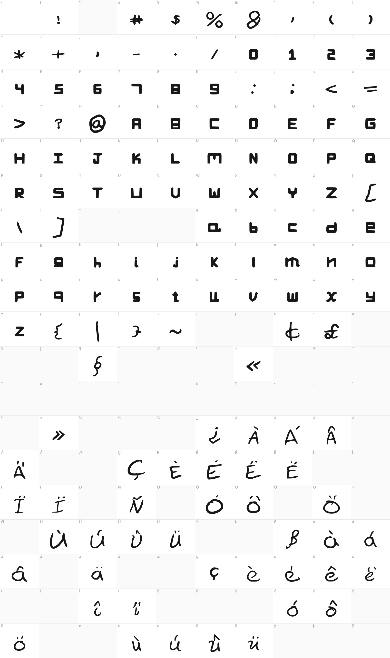 Kas Crack Font glyph table