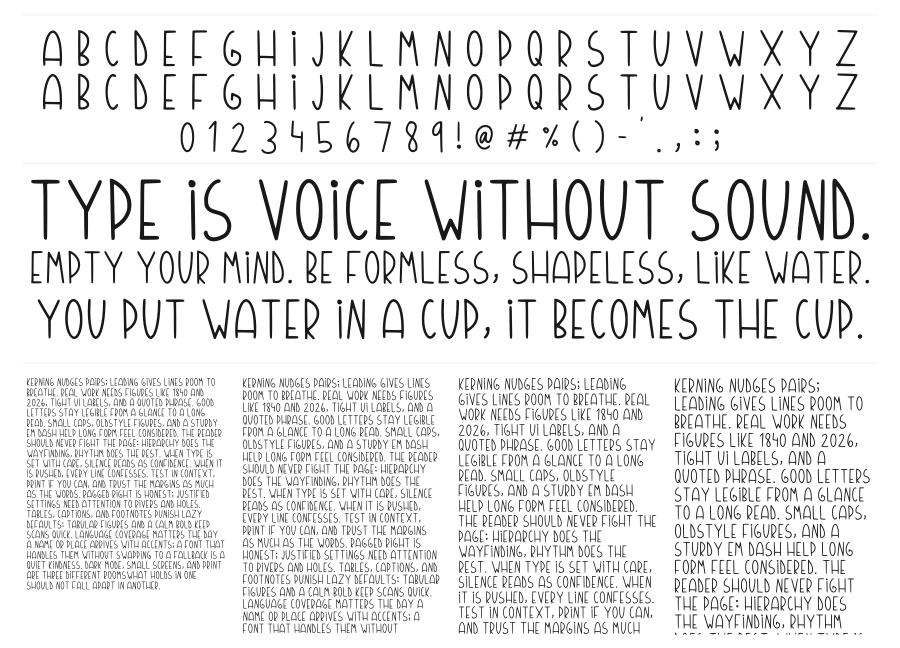 Bhumi specimen sheet