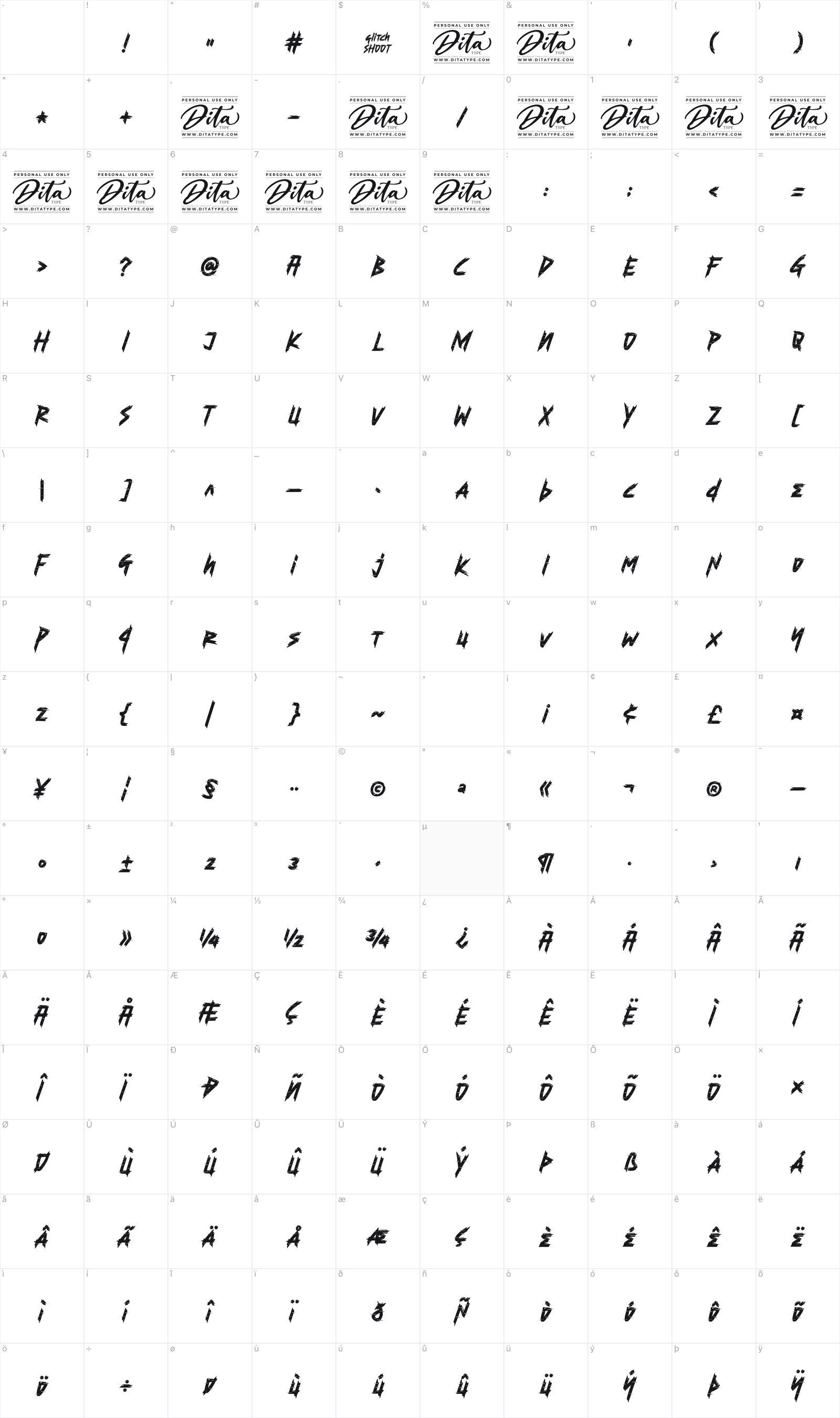 Glitch Shoot glyph table