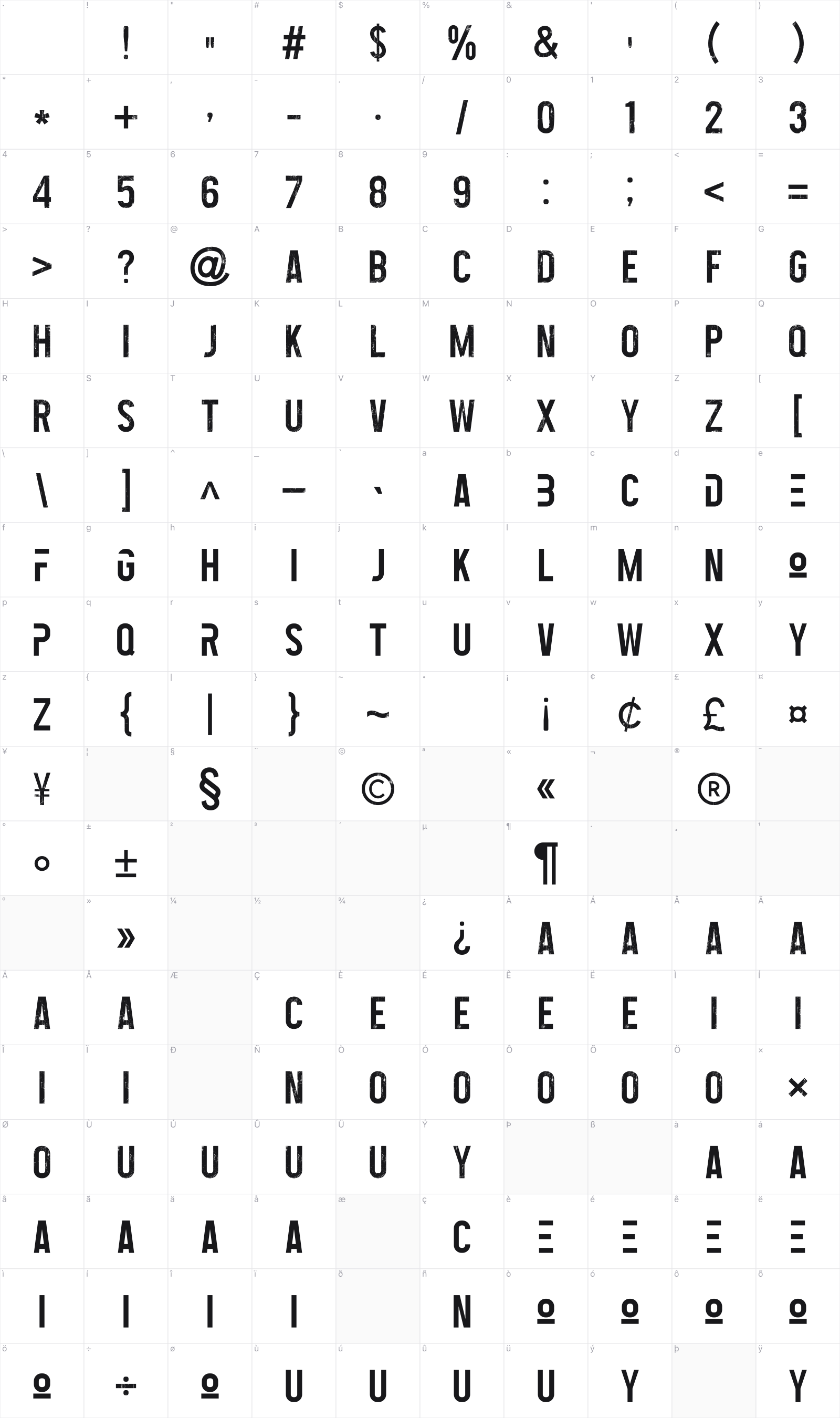 Tactico glyph table
