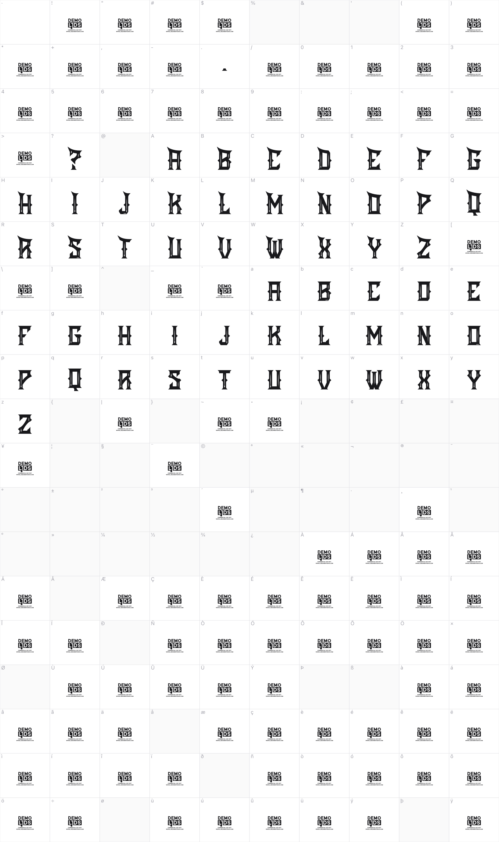 Night Vengeance glyph table