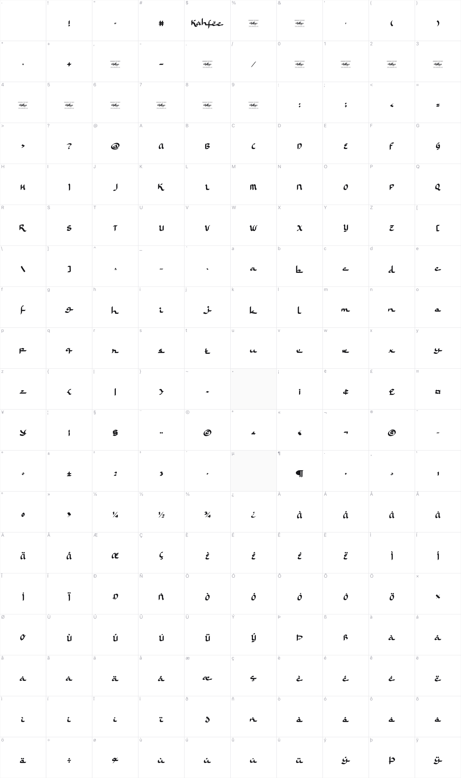 Kahfee glyph table