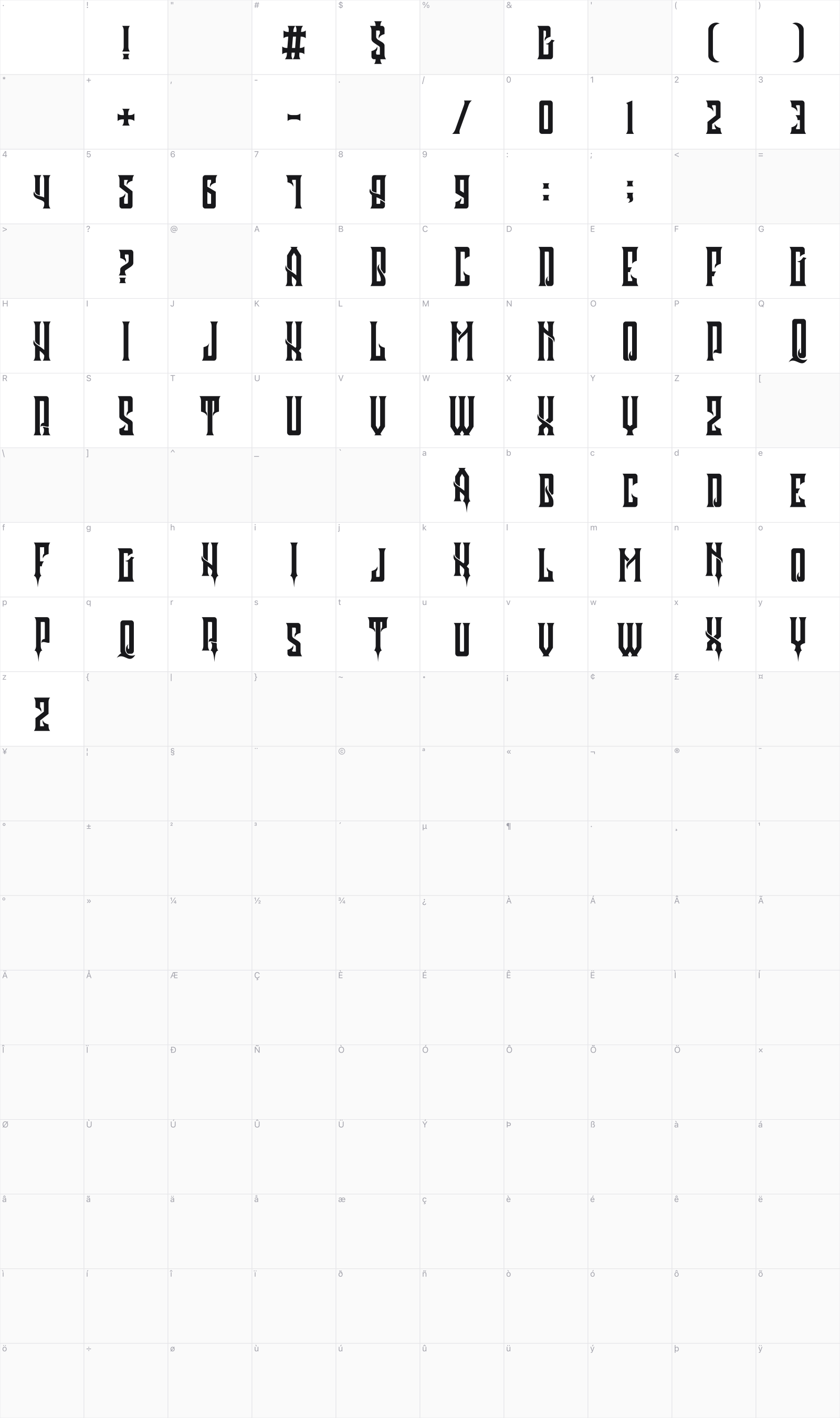Quivana glyph table