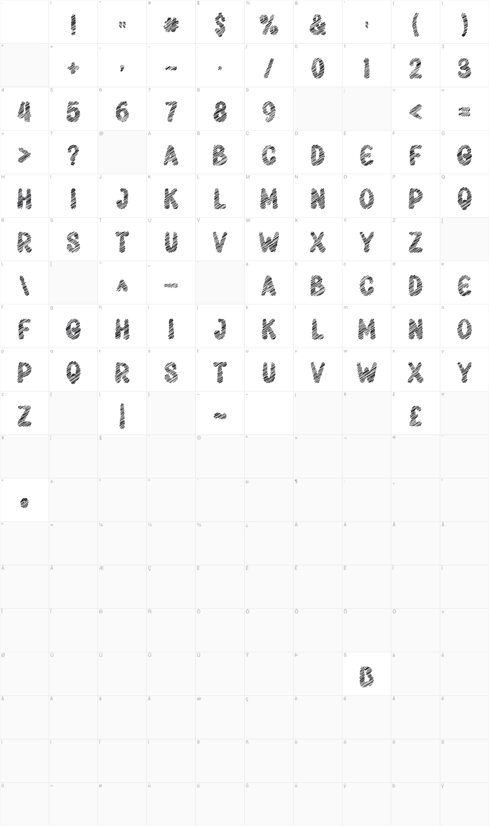 Quirky Shading glyph table